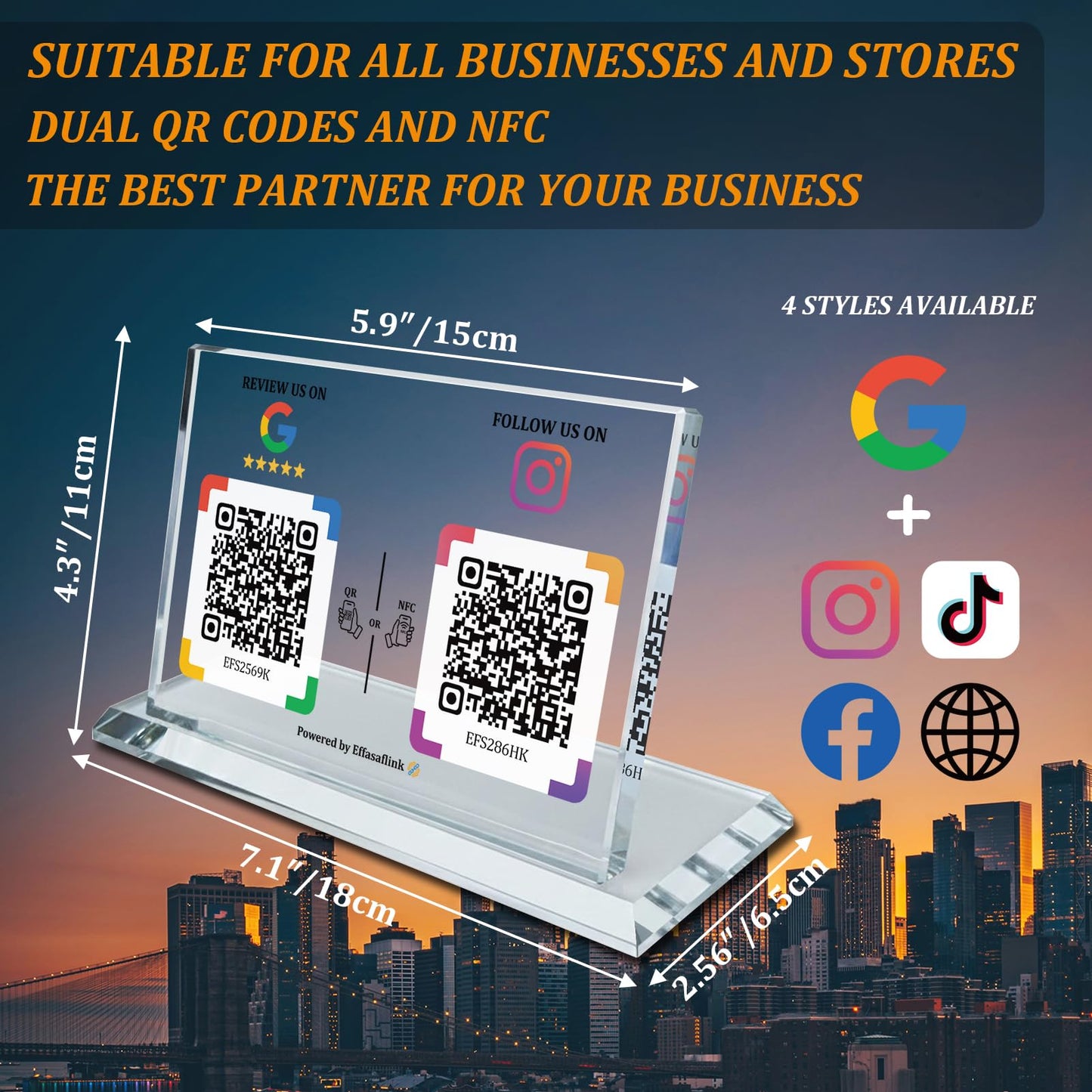 Dual Social Media Crystal Stand with NFC & QR Code - Compatible with Google Review Page & Official Websites, Boost Business Reviews & Social Media Following, No App, No Subscription, Lifetime Promotional Desktop Decor for Business