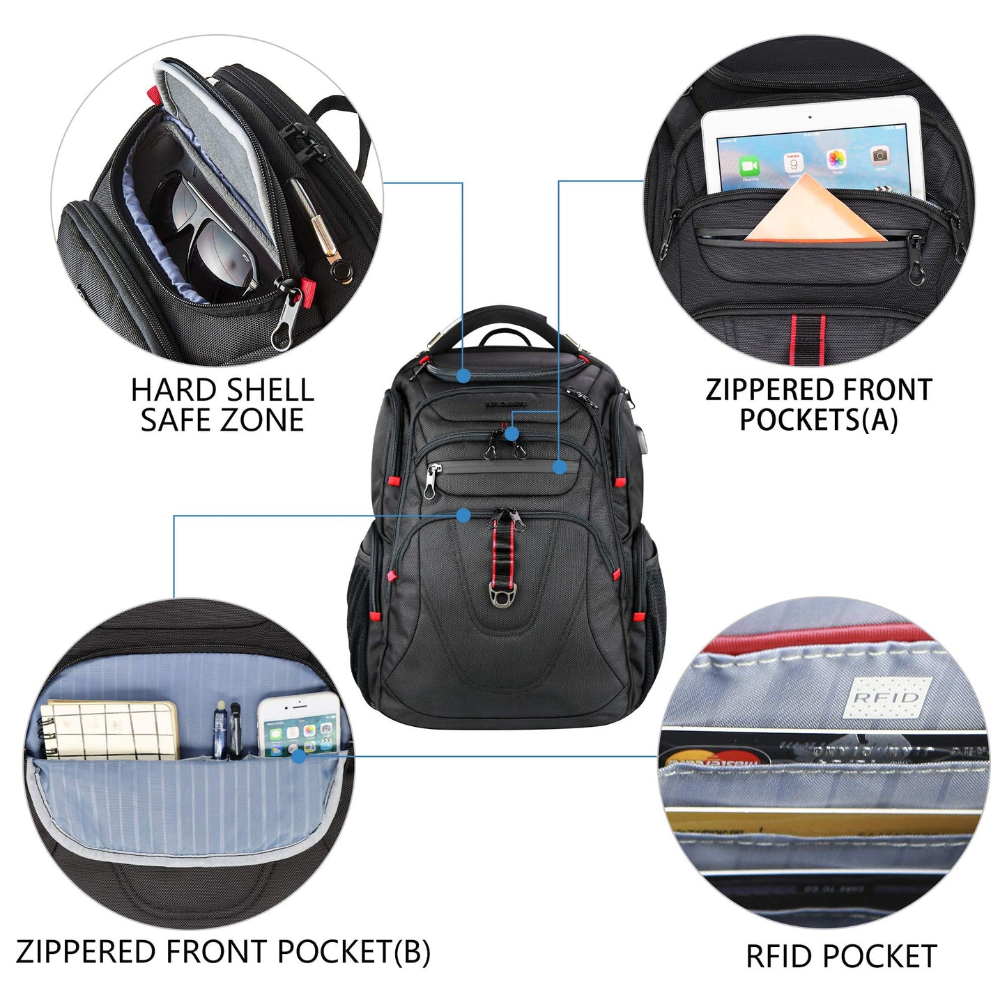 KROSER Travel Laptop Backpack 17.3 Inch XL Heavy Duty Computer Backpack Water-Repellent College Daypack Check Point Friendly Business Backpack with RFID Pockets & USB Port for Men/Women-Black