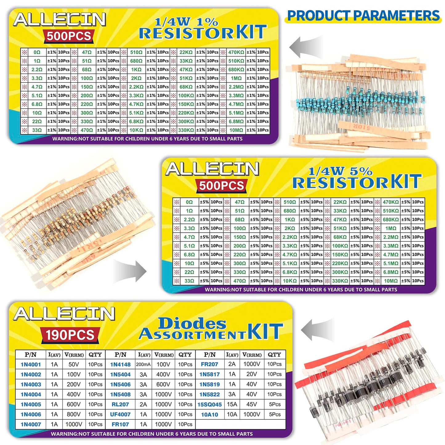 ALLECIN 1910Pcs Electronic Component Kit Resistor Electrolytic Capacitor Schottky Diodes LED Diode Transistor Electronics Components Assortment for DIY Project