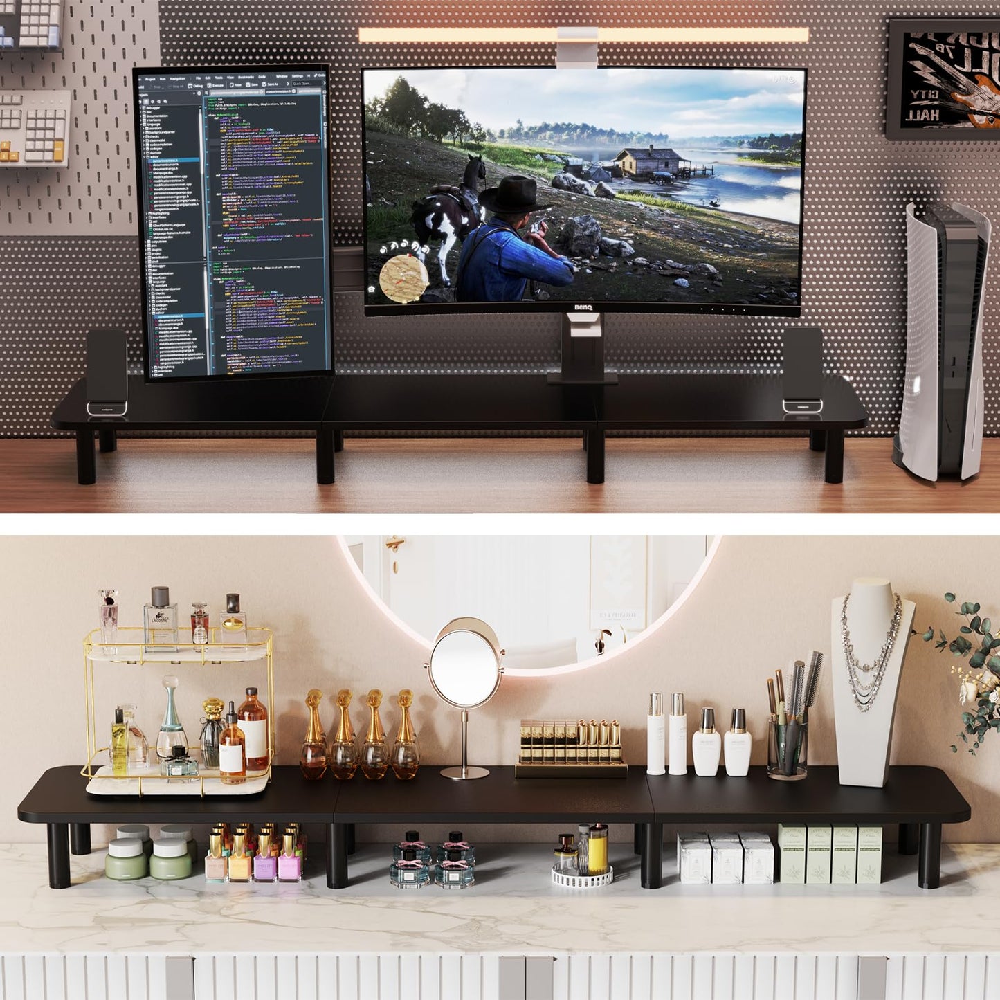 WEGASTU Dual Monitor Stand Riser 43.7 inch Large Extra Long Monitor Stand Riser Wide TV Stand Riser Monitor Stand for 2 Monitors Wood & Steel Leg Adjustable height Desktop Riser Desk Organization Home Office (Black)