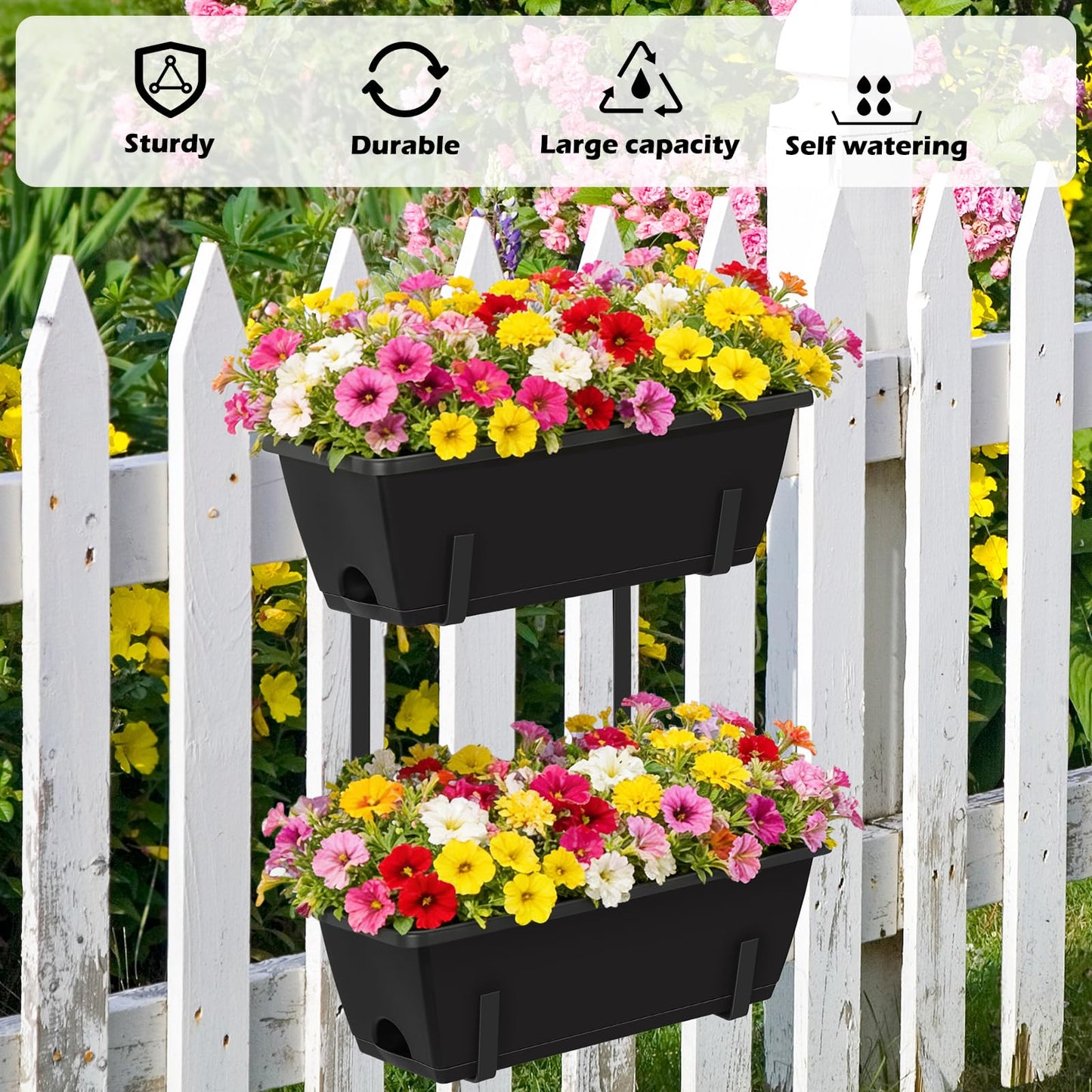 Railing Planter Boxes 2 Pack Window Boxes Planters with 2-Tier Adjustable Brackets, 16.9’’ Black Deck Railing Planter Boxes Vertical Balcony Hanging Flower Pots for Fence Rail Porch Garden Decor