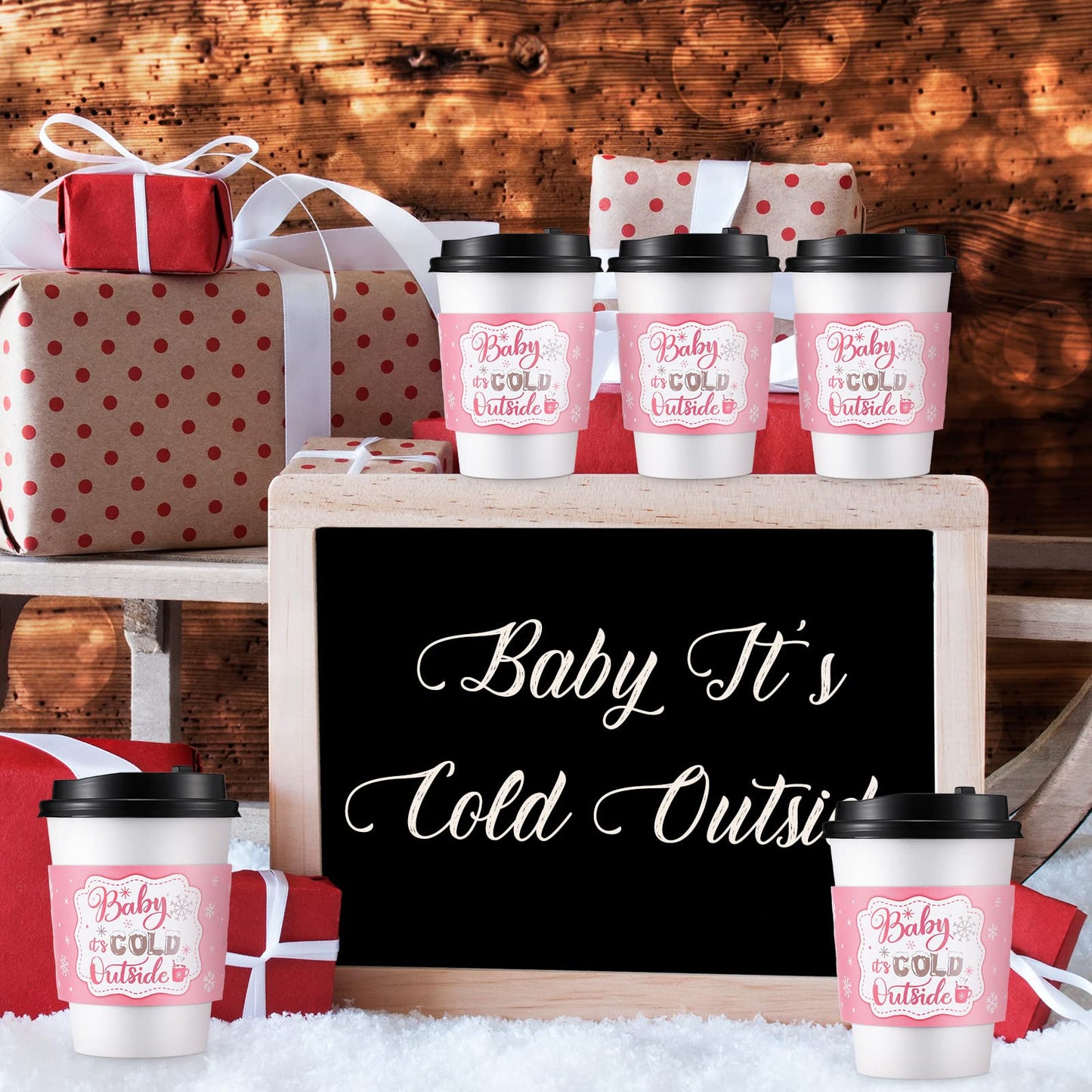 Yexiya 60 Pieces Christmas Baby It's Cold Outside Cup Sleeves Coffee Tea Fits 12oz 16oz Disposable Paper Cup Sleeves for Hot Chocolate Cocoa Beverage Xmas Party Supplies(Pink Silver)