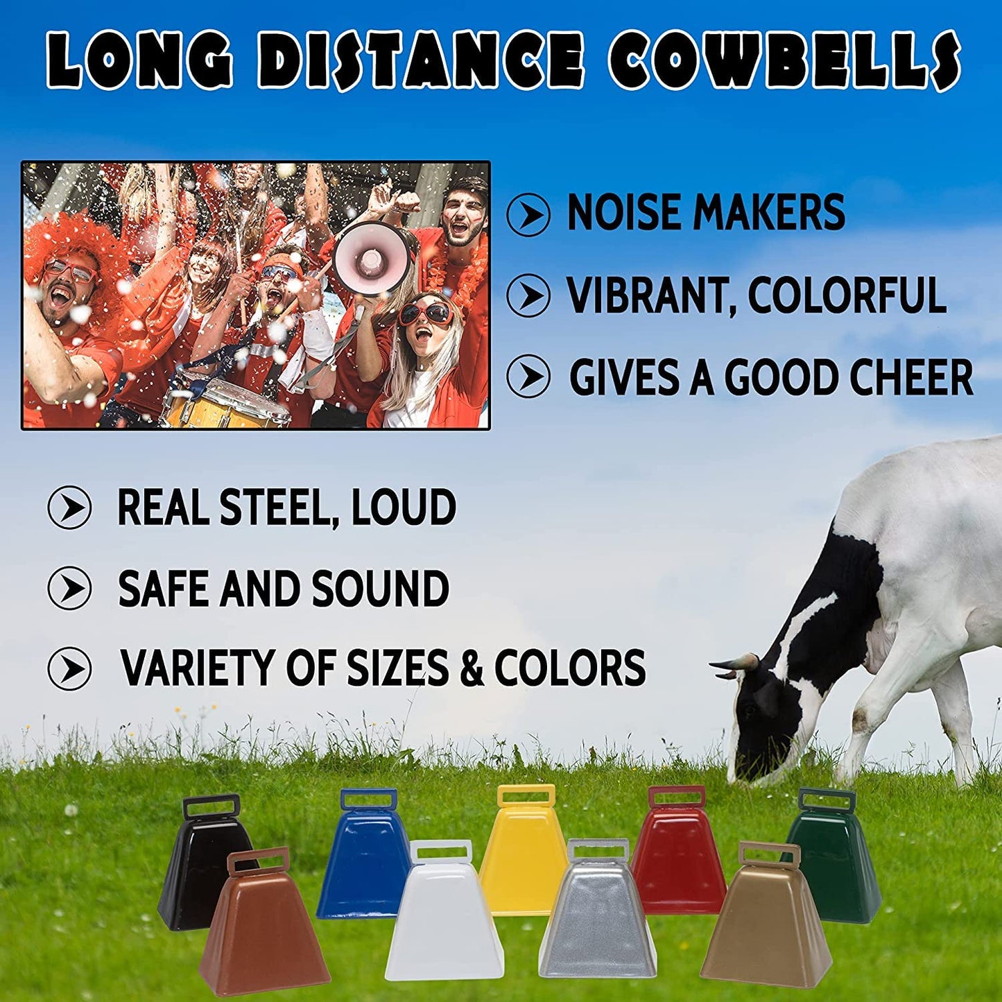 Bevin Bells Long Distance Cow Bells 10LD (Gold & Gold) | Christmas Bells | Made from Steel | Loud Noise Makers | w/White Strap Around The Handle | Easier to Hold | Made in CT, USA