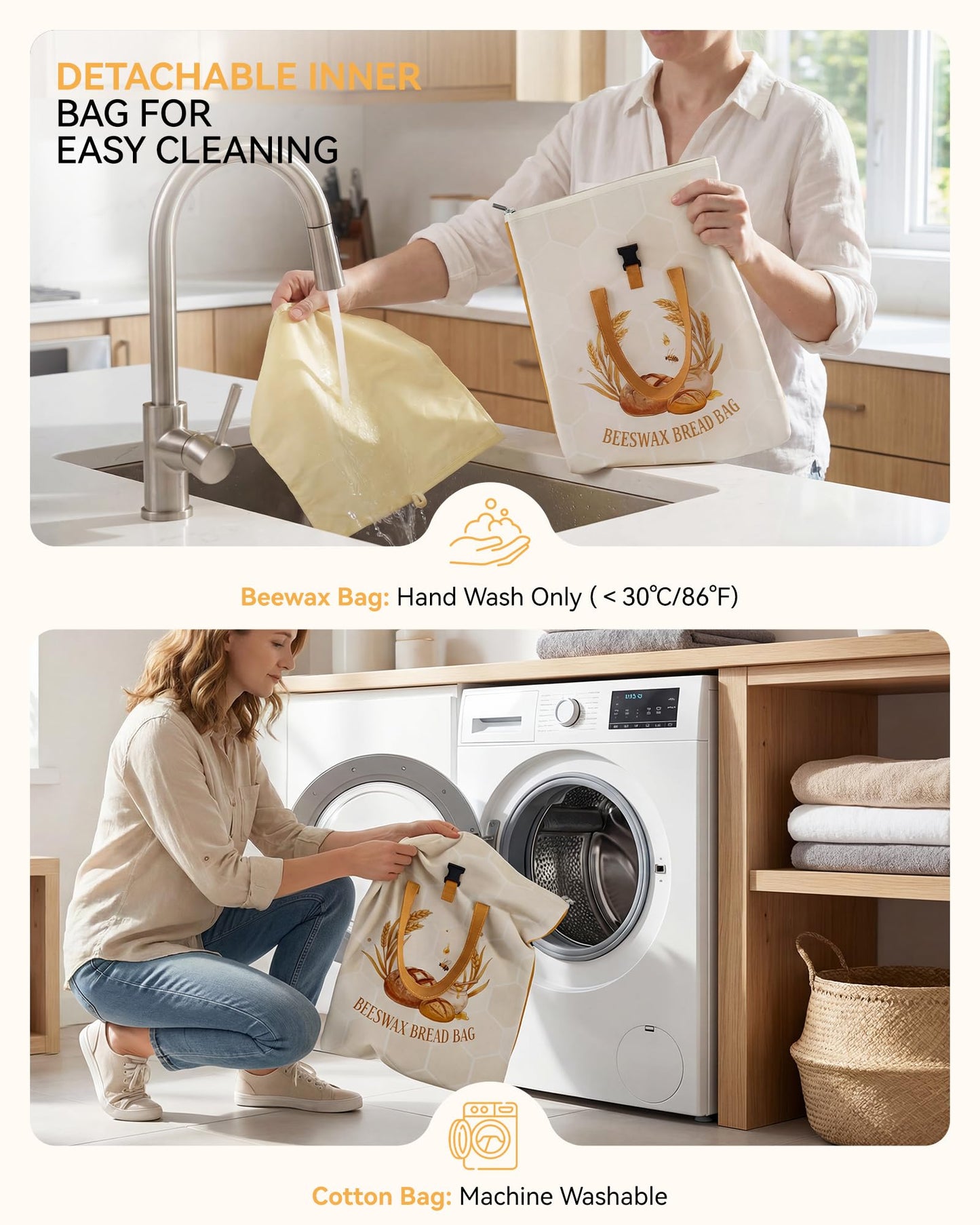 Yofidra Beeswax Bread Bag for Sourdough & Homemade Bread (Reusable & Eco-Friendly) - 100% Natural Beeswax & Cotton, Stylish Bag Design, Detachable for Easy Cleaning, Long-Lasting Freshness (2 Packs)
