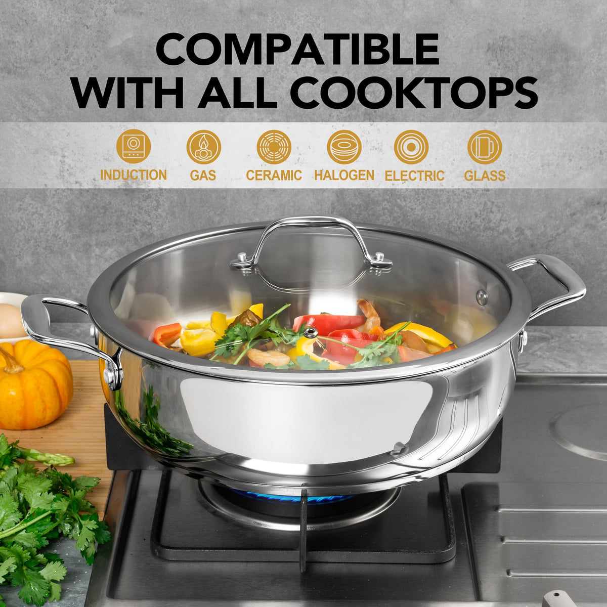 Michelangelo 12 Inch Stainless Steel Pan with Lid - Large Saute Pan with Lid, Deep Frying Pan Dishwasher & Oven-Safe, All Cooktops Compatible, 6 Quart
