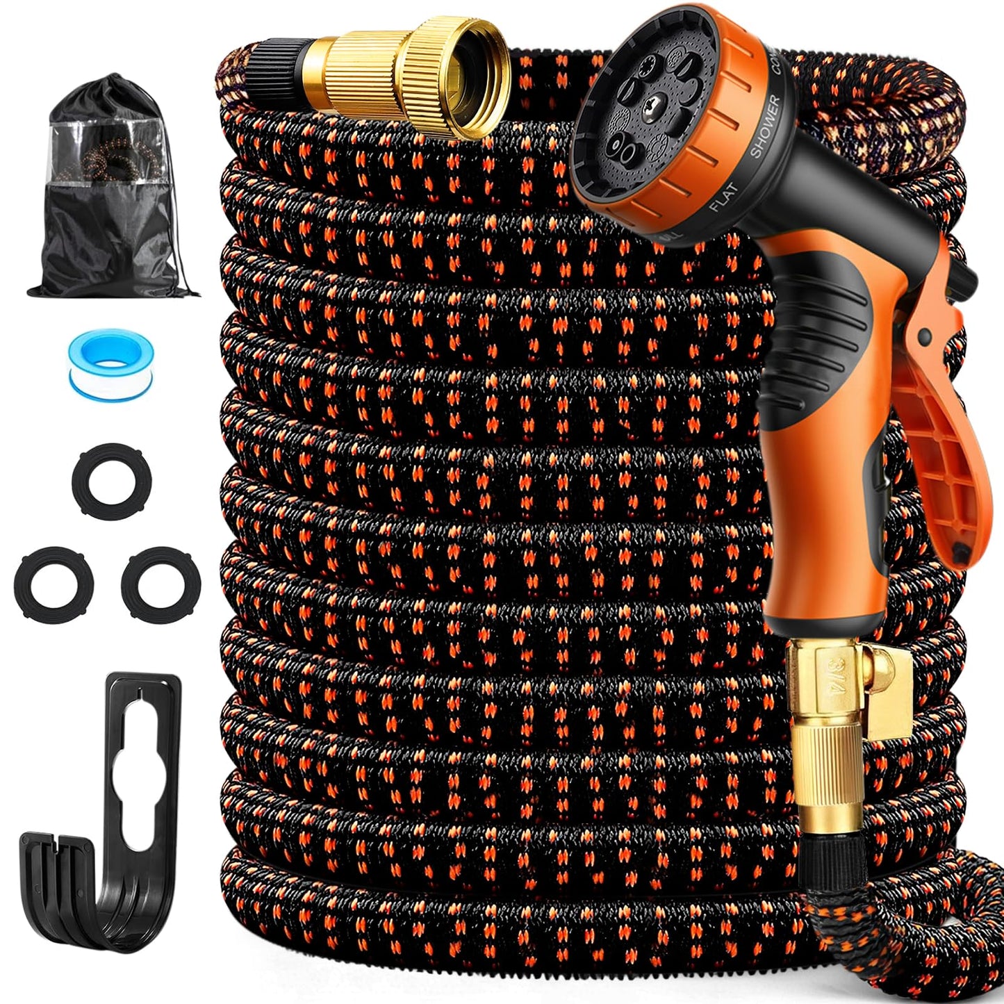 100FT Expandable Garden Hose with 10 Function Spray Nozzle,Flexible Lightweight Water Hose with 3/4”Solid Brass Fittings, Durable 4-Layers Latex,Expanding Retractable Gardening Pipe for Outdoor