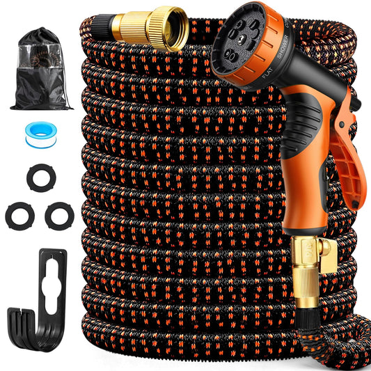 100FT Expandable Garden Hose with 10 Function Spray Nozzle,Flexible Lightweight Water Hose with 3/4”Solid Brass Fittings, Durable 4-Layers Latex,Expanding Retractable Gardening Pipe for Outdoor