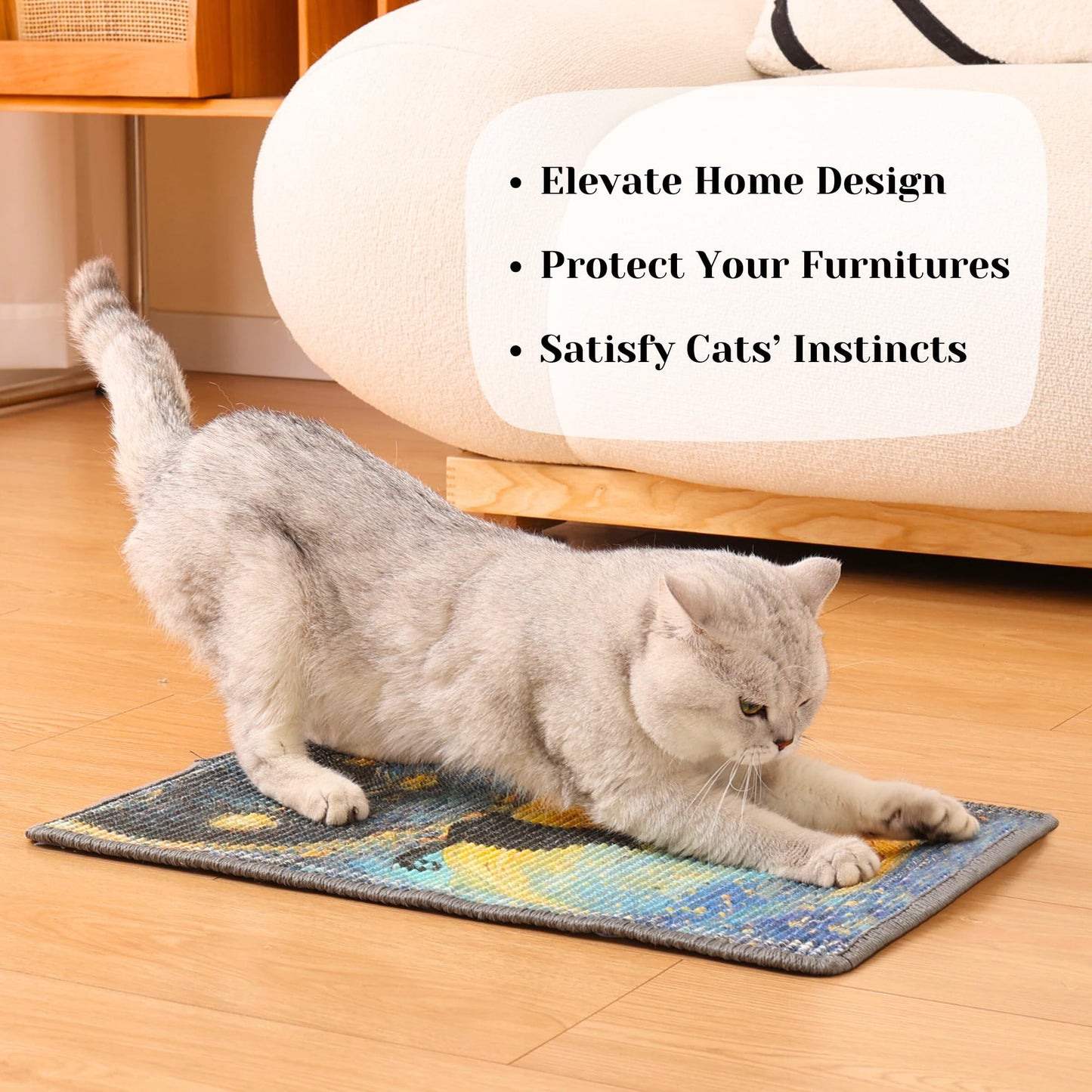 Furrther Sisal Cat Scratcher Post Mat (Use on Wall, Couch and Carpet), Durable and Shedding-Resistant Cat Scratching Surface - 21.7x13 inch with Hoop and Loop Adhesives, Twist Pins (Starry Night)