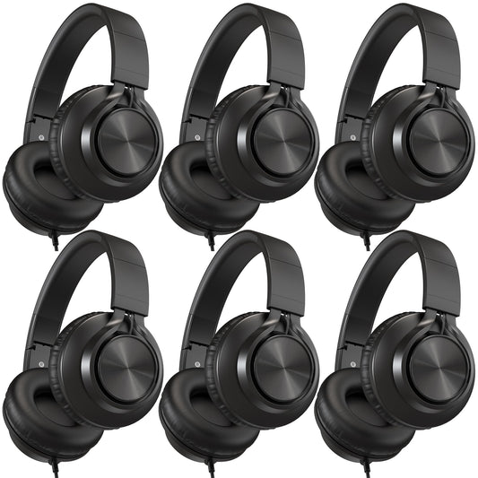AILIHEN Headphones Wired 6 Pack Bulk with Microphone for School, Over-Ear Headsets for Kids Students, Teens, Adult, Classroom, Library, Chromebook, Laptop, Adjustable, Foldable, 3.5mm Jack (Black)