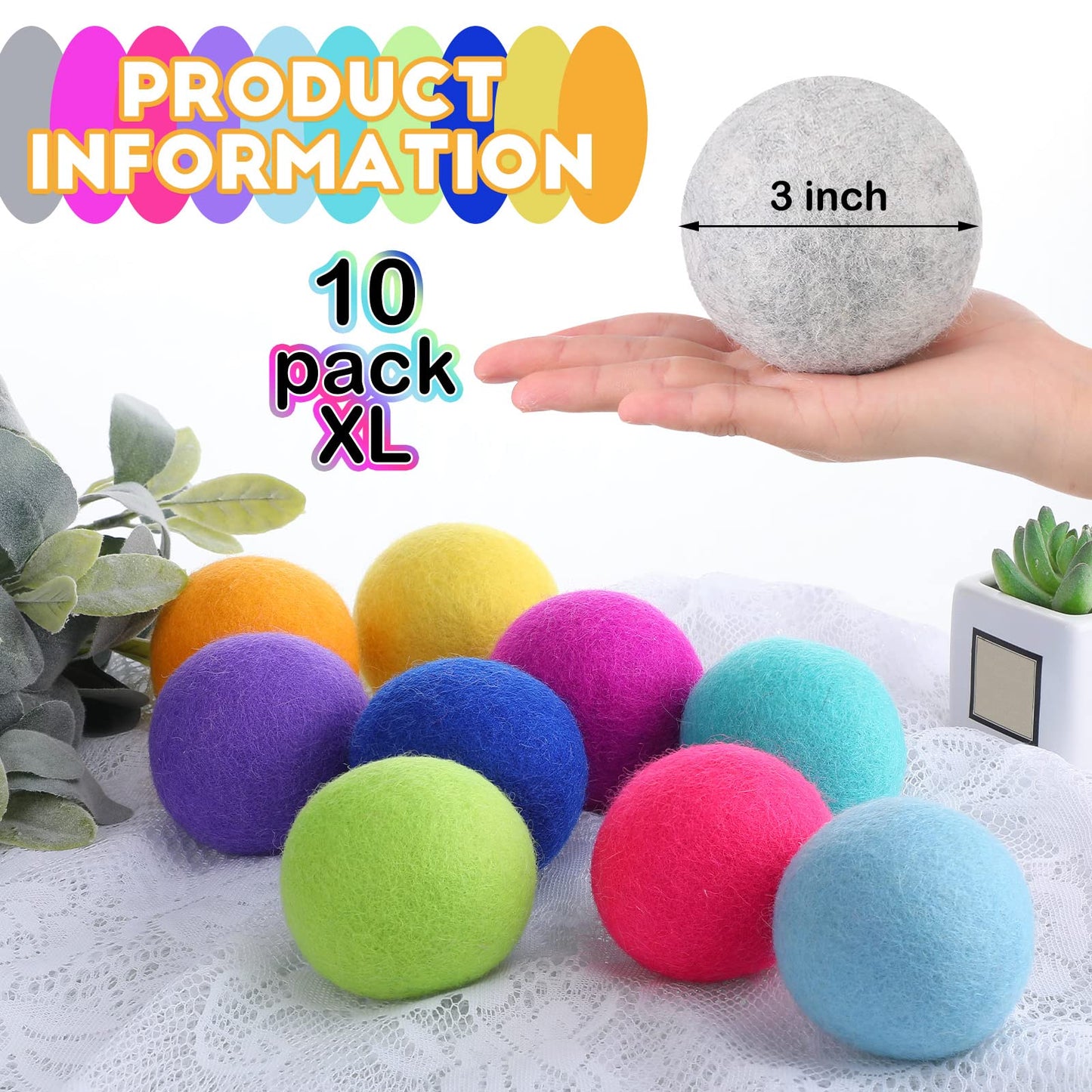 10 Pack Wool Dryer Balls XL 3 Inch Reusable Laundry Natural No Lint Fabric Softener Replaces Dryer Sheets Wool Balls for Reduce Wrinkles Save Drying Time