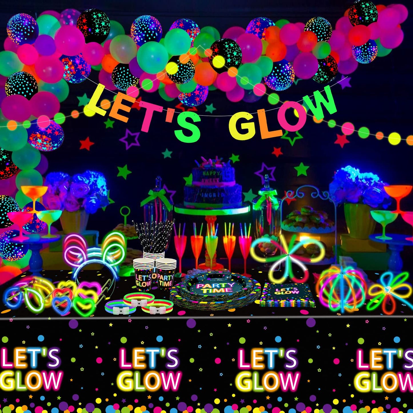 398 Pcs Glow in The Dark Party Supplies - Include Glow in The Dark Balloons, Banner, Glow Sticks, Tableware and Tablecloths for Glow Party Supplies Black Light Neon Party Decorations, Serve 20