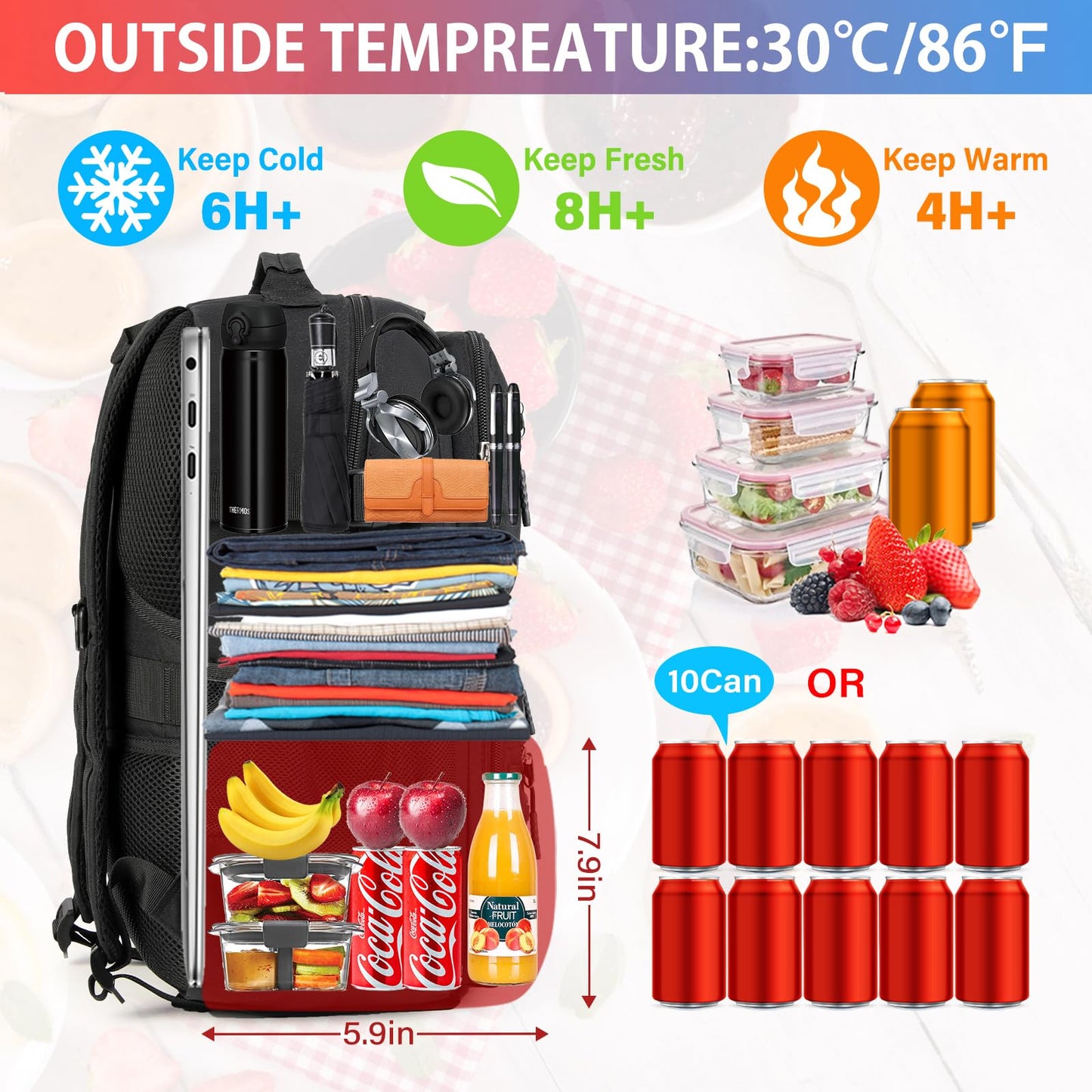 Lunch Backpack 15.6 Inch Laptop Travel Backpack with Insulated Bag Extra Large Backpack for Men Women Waterproof Computer Backpack for Work School College Business, Black