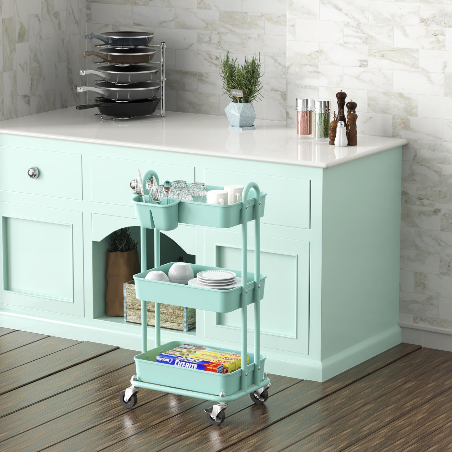 Simple Houseware 3-Tier Rolling Utility Cart with Hanging Buckets, Turquoise