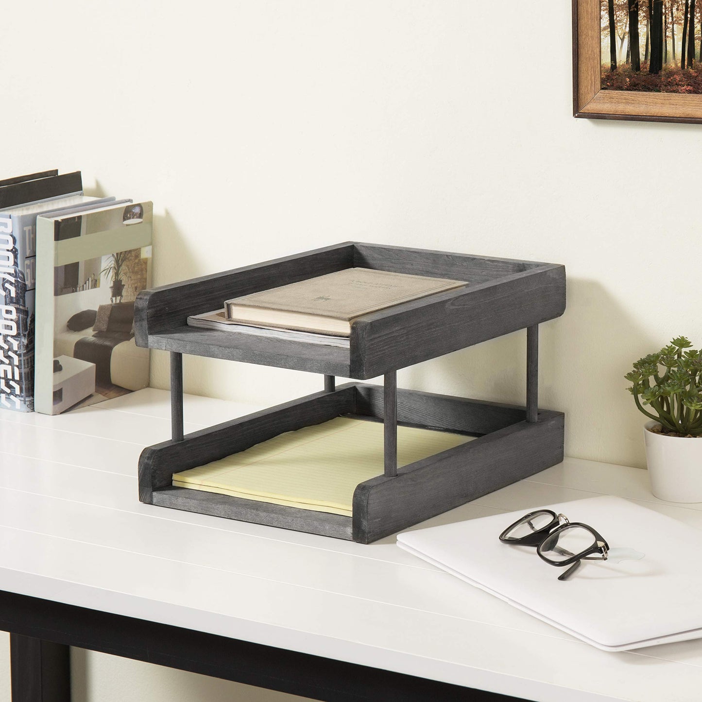 MyGift 2-Tier Rustic Grey Wood Document/File Desktop Organizer Tray