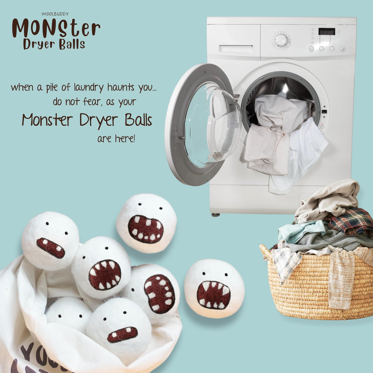 Woolbuddy Monster Dryer Balls (6-Pack) — Cute Handmade Wool Characters, Natural Fabric Softener, Eco-Friendly Gift for Families & New Homes