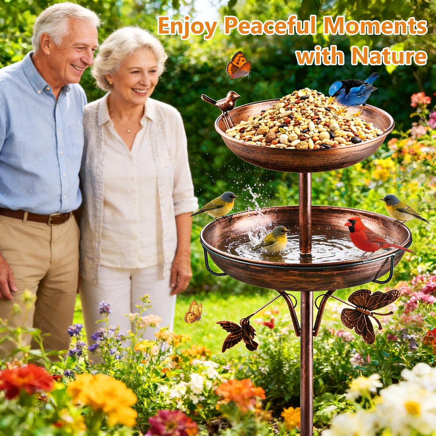 2 in 1 Bird Bath for Outside, 42In Tall Free Standing Birdbaths Outdoor, Metal Bird Feeder Bowls for Garden Lawn Decor, Antique Bronze