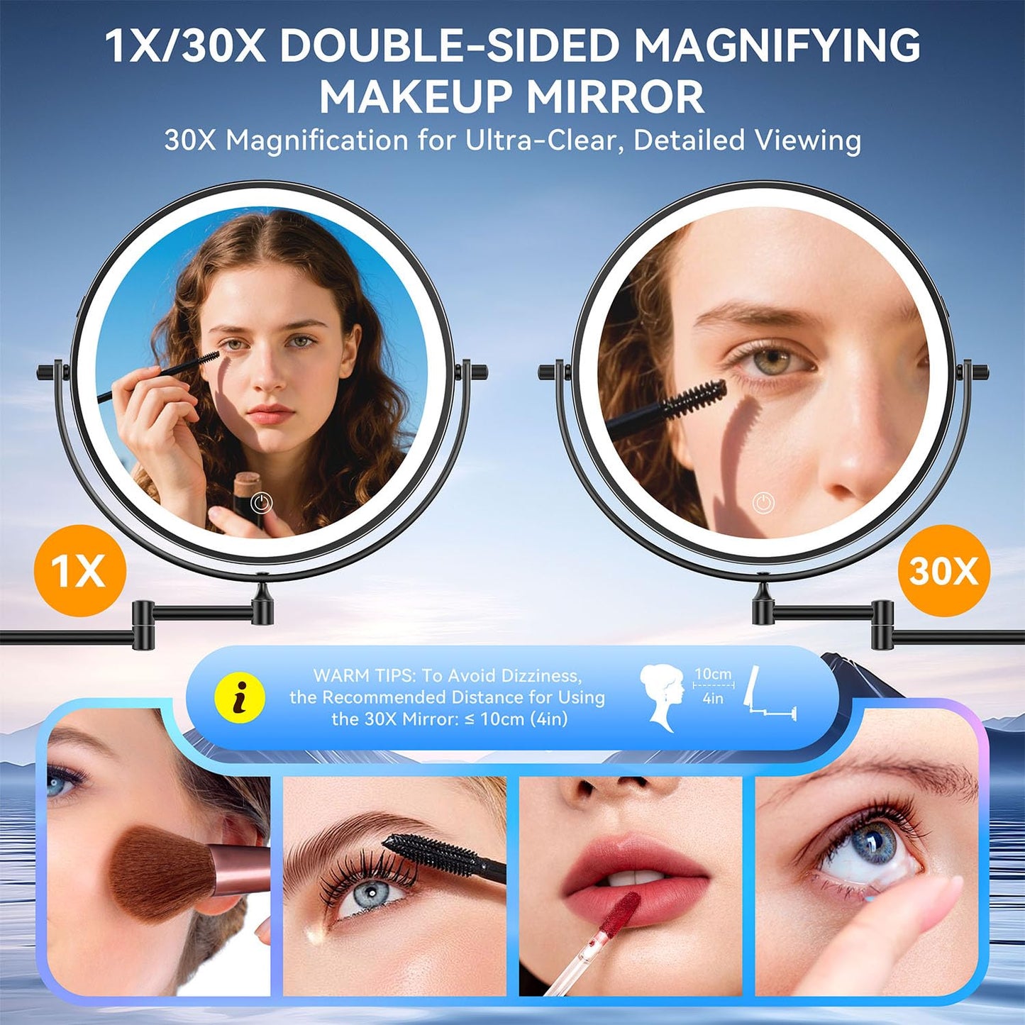 Auxmir 5000mAh Rechargeable Wall Mounted Makeup Mirror, 1X/30X Double Sided Magnifying Bathroom Mirror, 10" Lighted Vanity Mirror with 3 Color Modes, Touch Dimmable, 360° Swivel Extended Arm, Black