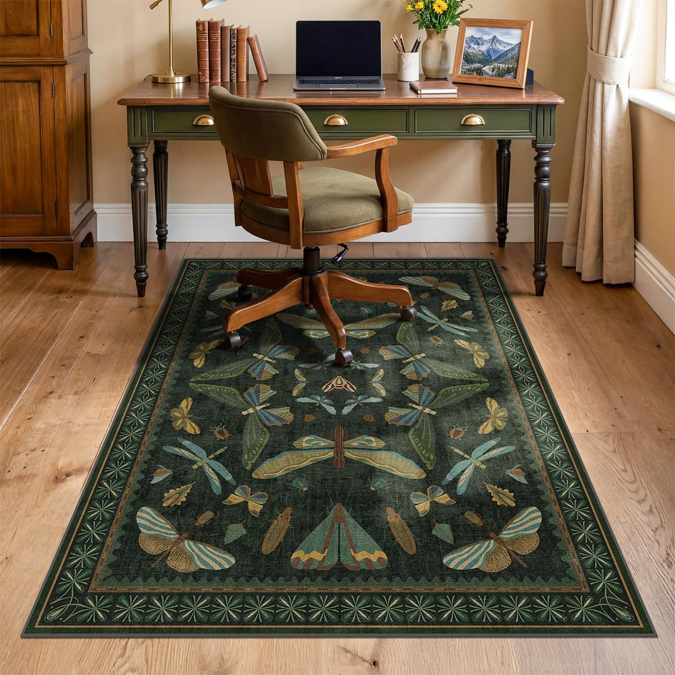 3'x4' Dark Green Office Chair Mat for Computer Gaming Chair, Slip-Resistant Heavy Duty Office Chair Rug, Hardwood & Tile Floor Protector, Washable Ultra Soft Low Pile Bug Rug