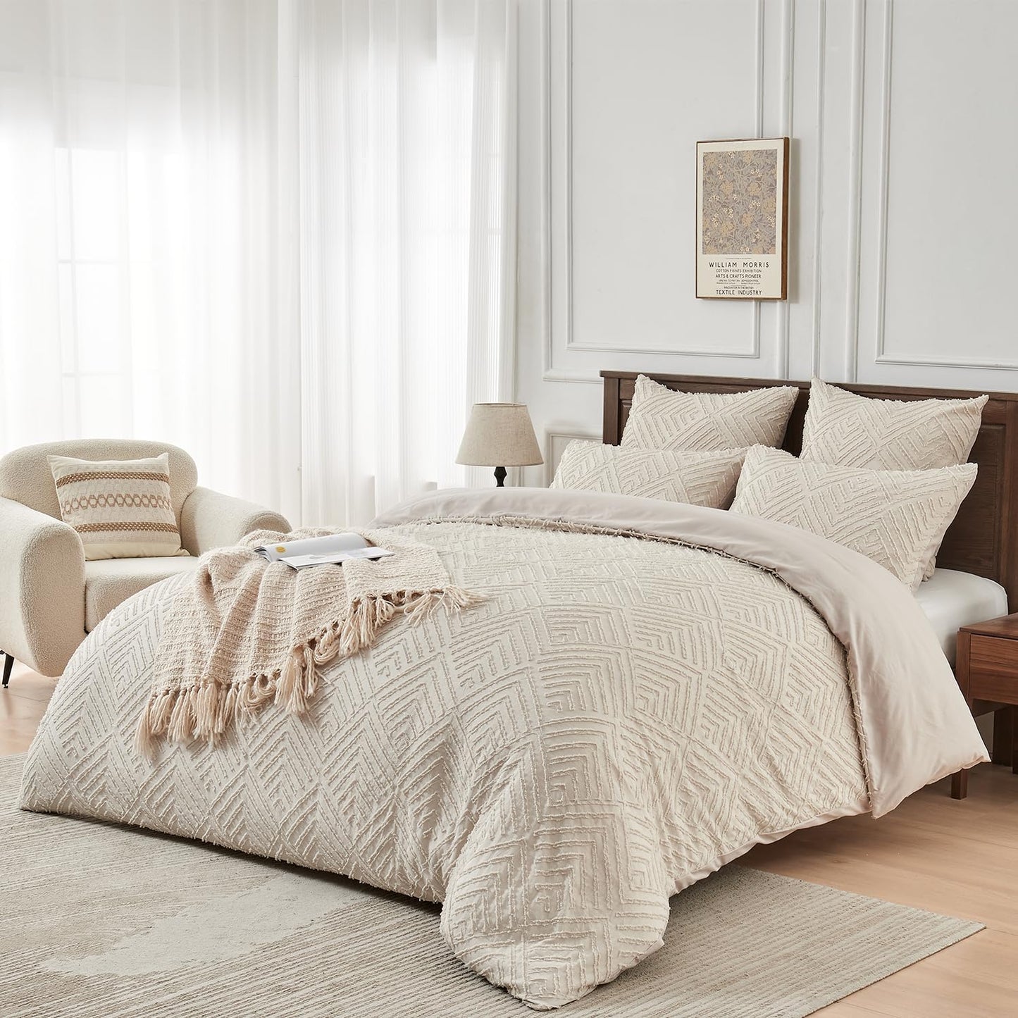 YASMENG Beige Duvet Cover Set King Size - Boho Tufted Jacquard with Geometric Plaid Pattern Duvet Cover Shabby Chic Embroidery Bedding Khaki Soft Microfiber Farmhouse Tufts Textured Comforter Cover