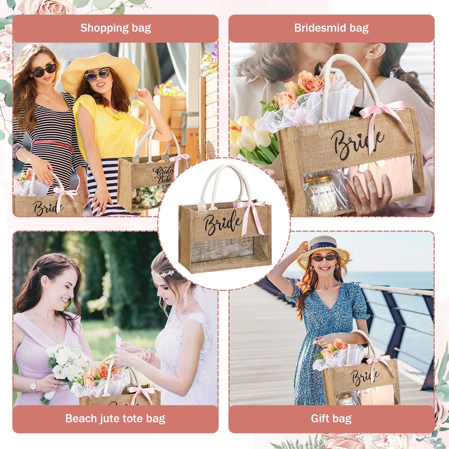 Locmeo 8 Pcs Bachelorette Beach Bag Bride to Be Bridal Party Tote Bag Bride Tribe Gifts Jute Burlap with Transparent PVC Film Window for Newlywed Bridesmaids Engagement Bachelorette Party(Jute Brown)