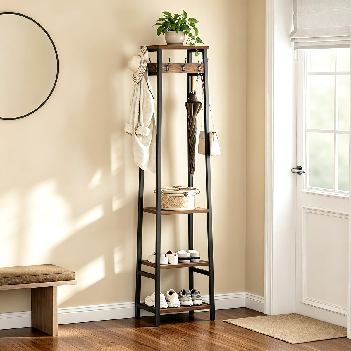 Cerlyunzan Coat Rack Freestanding, Coat Stand with 3 Shelves and 7 Hooks, Hall Tree Free Standing, Clothes Rack Stand Organizer for Bedroom, Hallway, Entryway, Living Room, Rustic Brown and Black