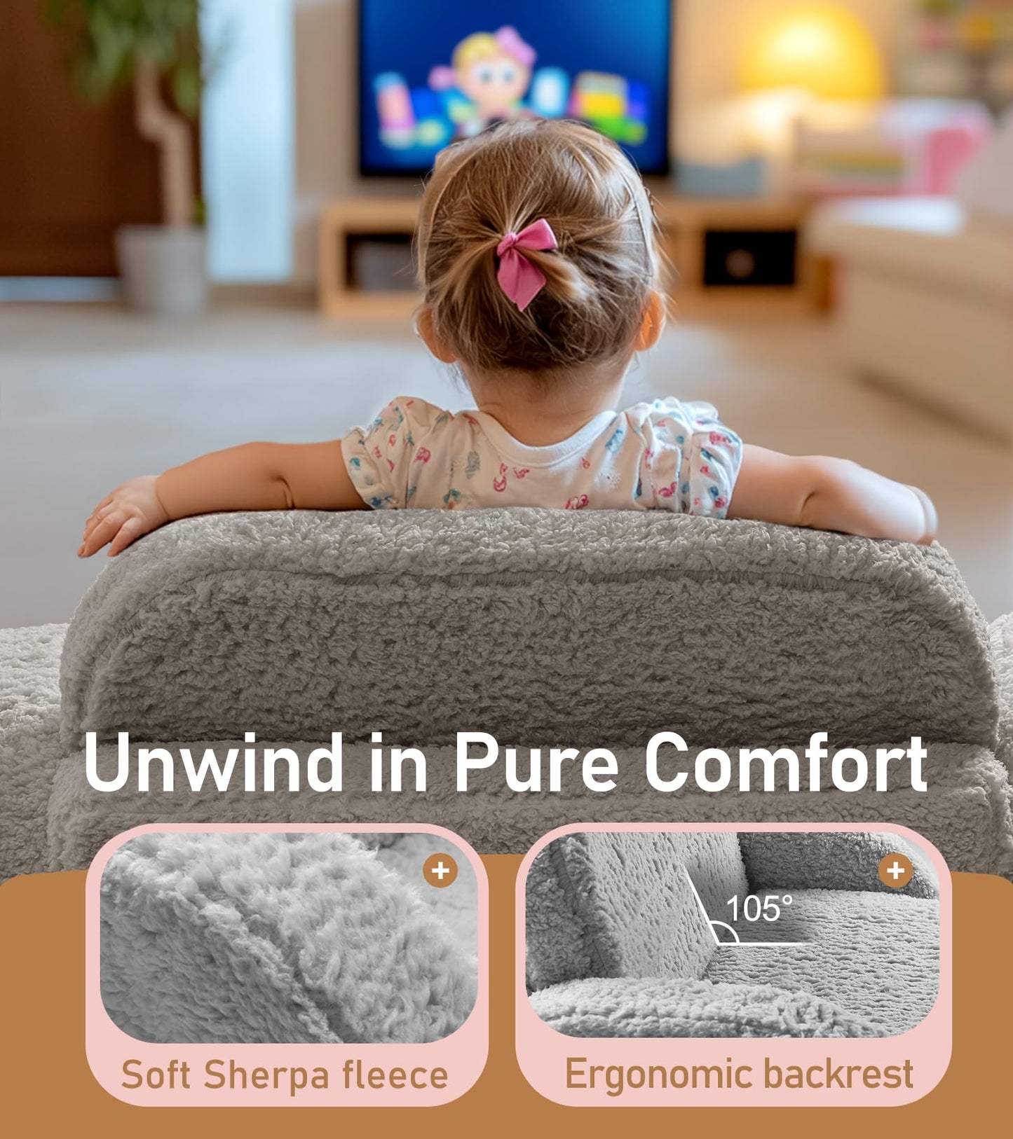 2-in-1 Sherpa Fold Out Kids Couch, Extra Wide Toddler Couch, Flip-Out Foam Couch with Soft Sherpa Cover, Modern Foldable Kids Furniture for Boys & Girls 3+, Gray