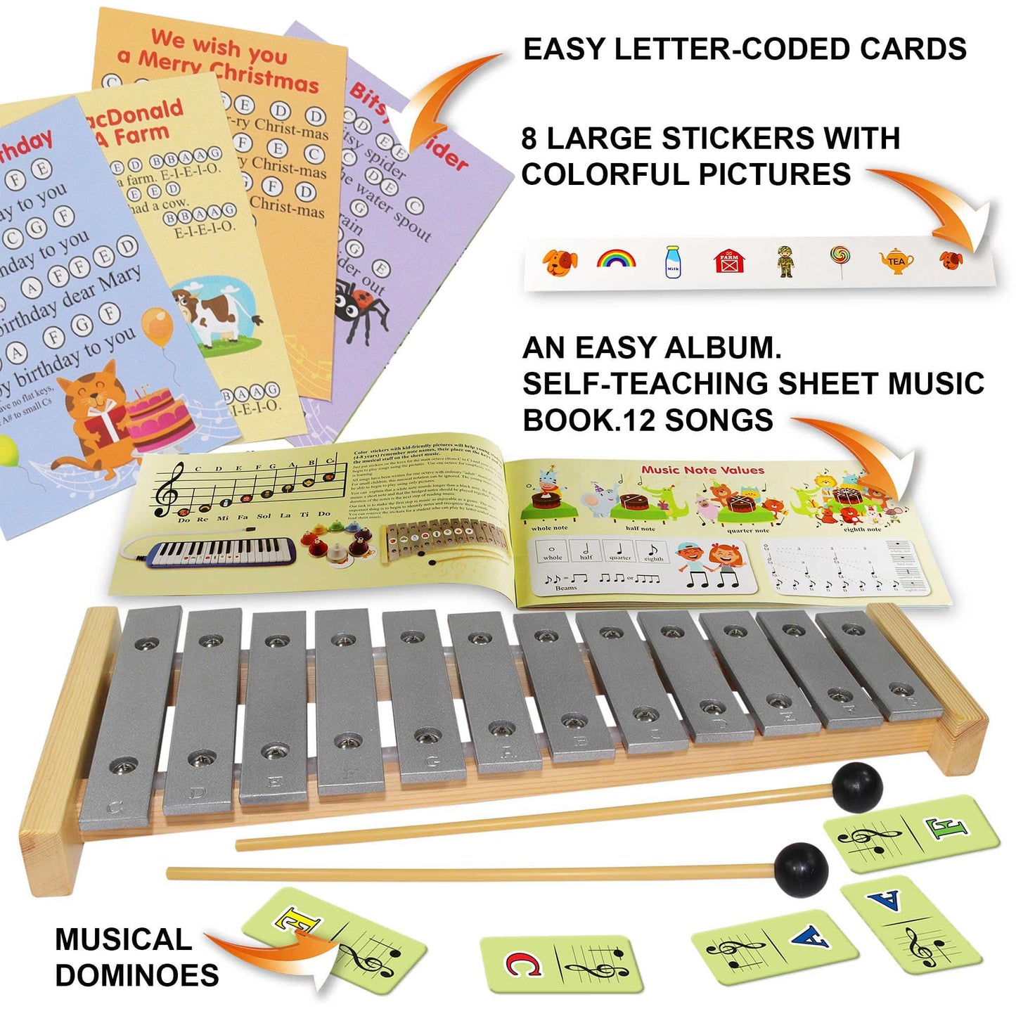 Glockenspiel 12 Note - Play-by-Picture Xylophone with Sheet Music Book - 34 Easy Play Songs