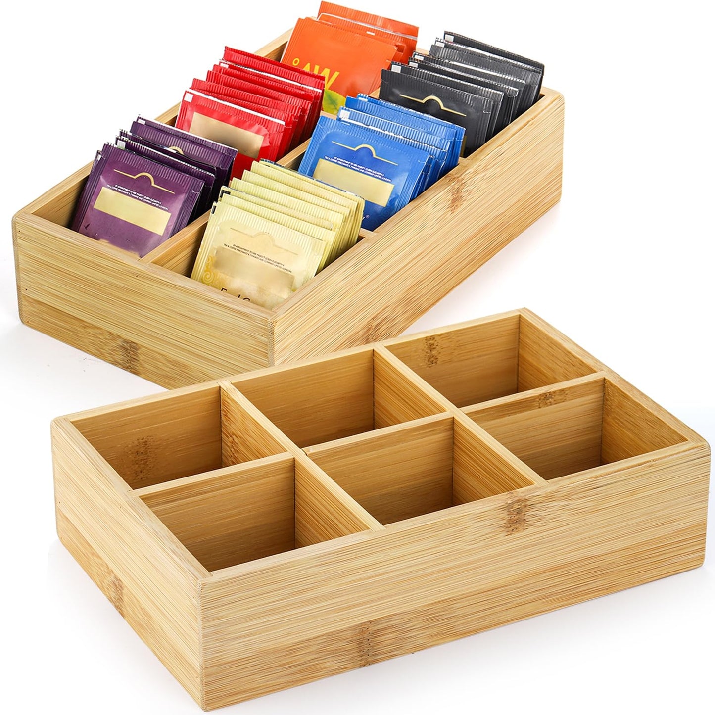 Dicunoy 2 Pack Bamboo Tea Bag Organizer, Wood Tea Drawer Box Storage Holder With 6 Compartments, Chest Box for Coffee Station, Sugar Packet, Sweeteners, Small Packets