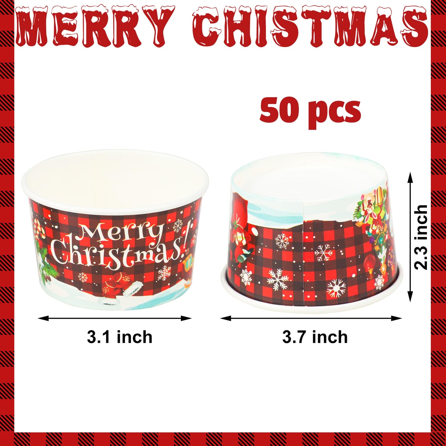 50 PCS Christmas Snack Bowls 9 oz Paper Ice Cream Cups Christmas Disposable Treat Cups Dessert Bowls Plaid Snack Paper Cups Snowman Santa Bowls for Holiday Treat Dessert Cakes Candy Party Supplies