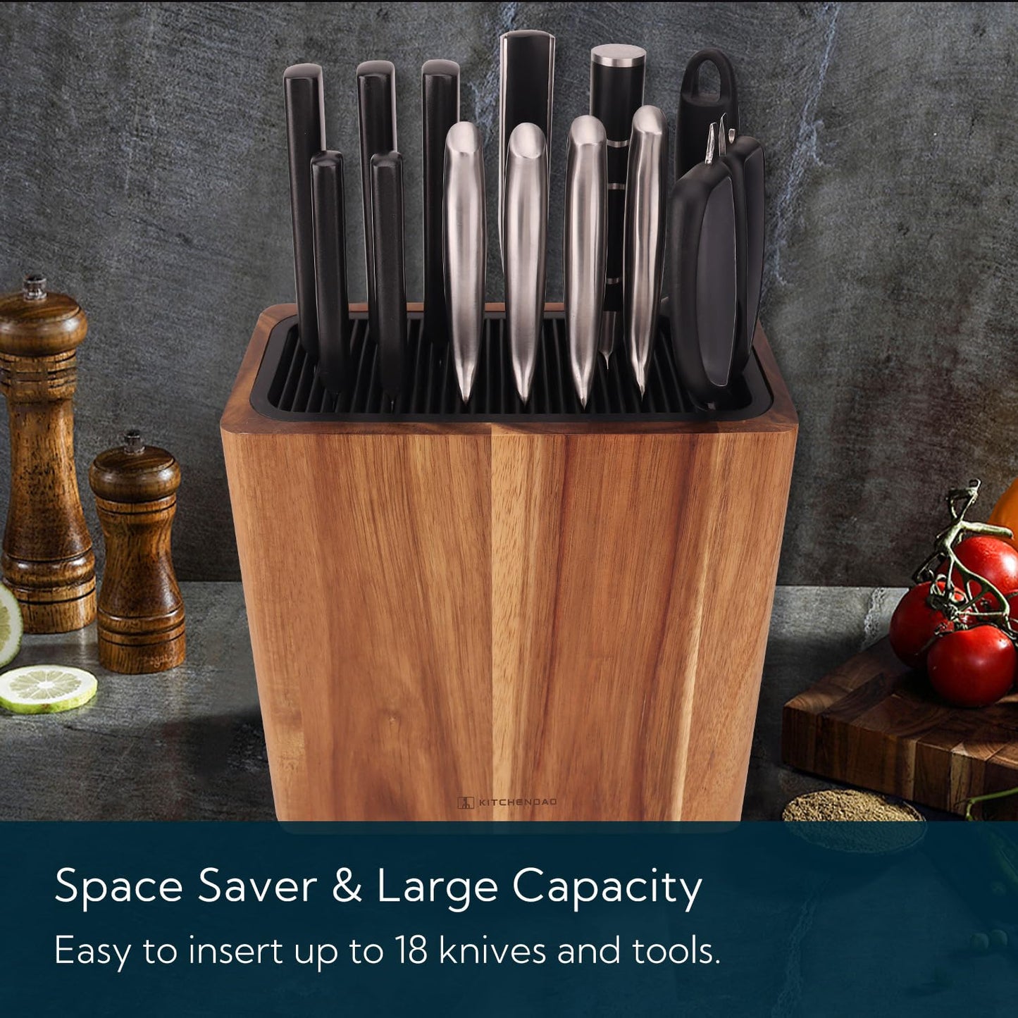 KITCHENDAO XL Acacia Wood Universal Knife Block Holder with Slots for Scissors and Sharpening Rod, Safe, Space Saver Knives Storage Stand Display Without Knives, Unique Slot Design to Protect Blade