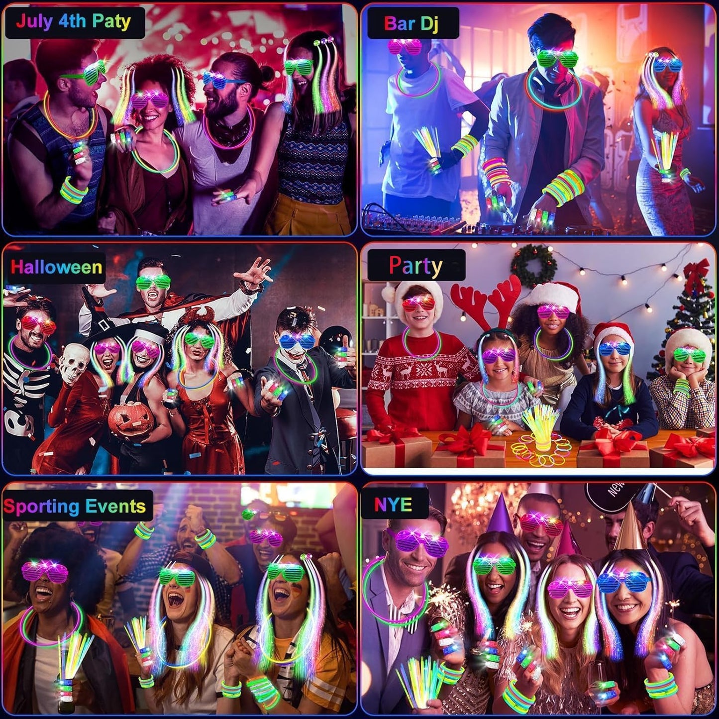 159 PCS Glow in the Dark Party Supplies, 14PCS LED Glasses, 30LED Finger Lights, 15LED Light Hairs and 100PCS Mixed Colors Glow Sticks Bracelets for Halloween, Christmas, Birthday, Glow Party, Wedding