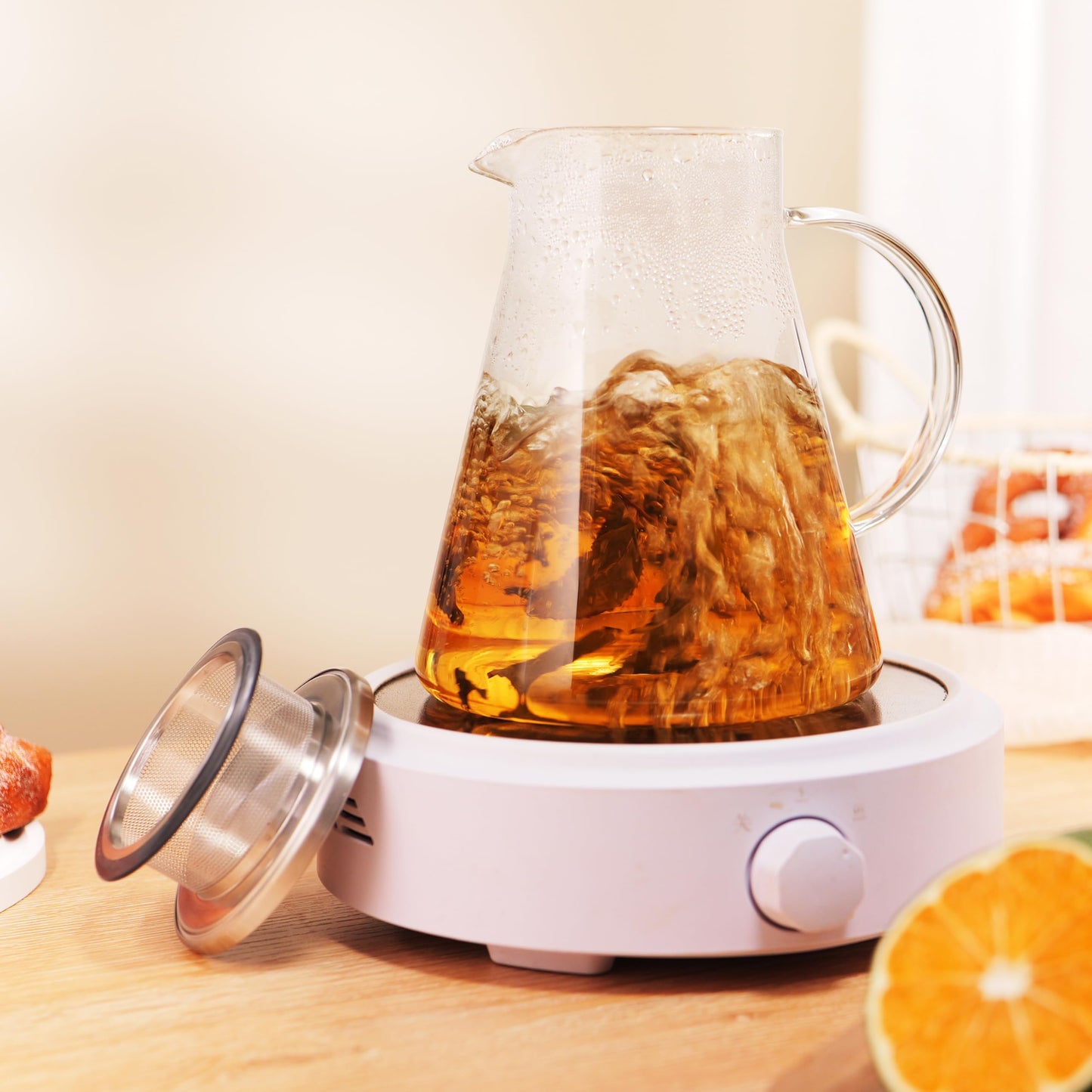 CNGLASS 30.5oz/900ml Glass Teapot Stovetop Safe,One-Touch Clear Tea Kettle,Blooming and Loose Leaf Tea Maker Set