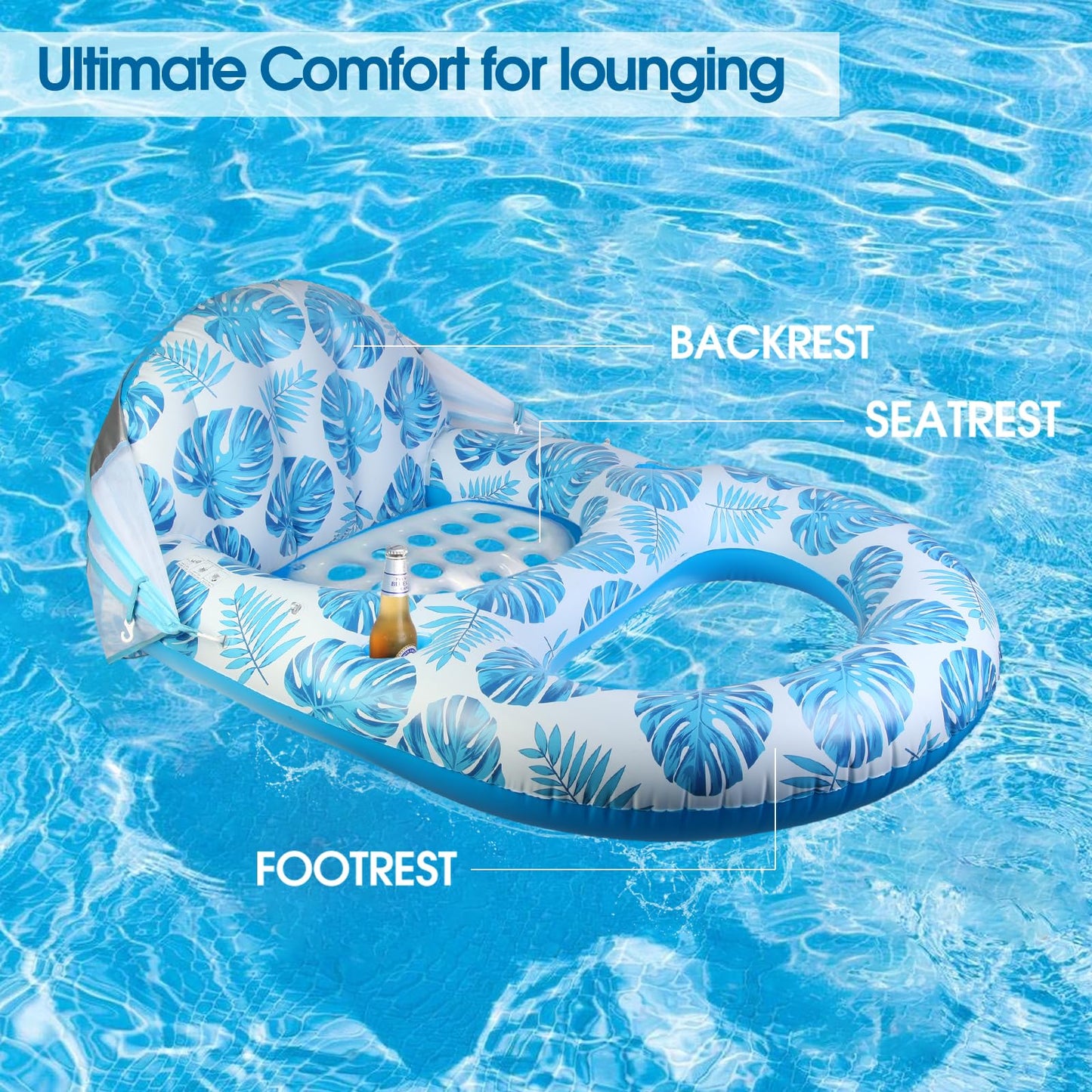 COOLCOOLDEE Pool Lounge Float with Canopy UPF50+,Extra Large Pool Floats for Adults Heavy Duty,Inflatable Lounger Float with Cup Holder & Backrest,Footrest