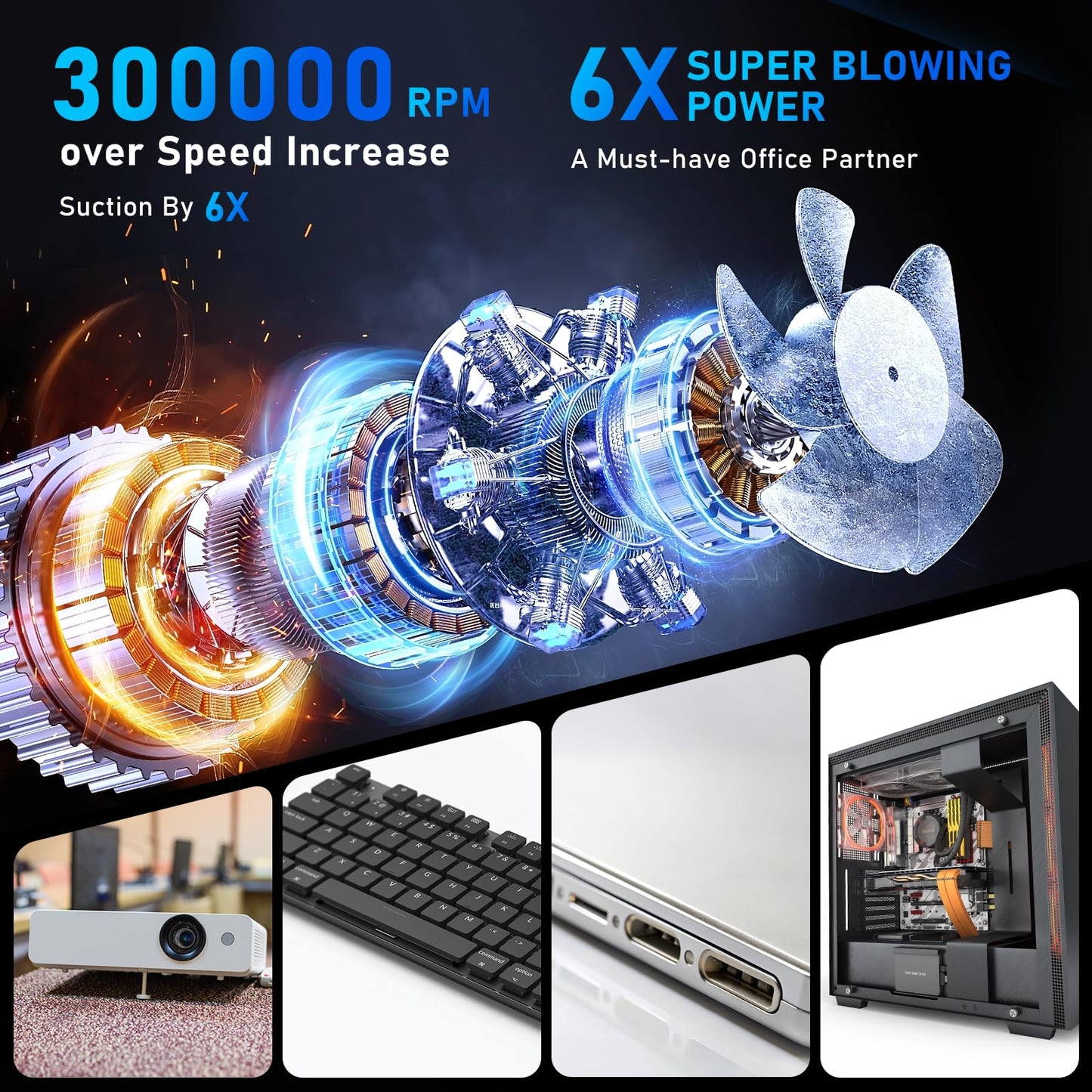 Compressed Air Duster, 300000RPM Air Duster Electric Cleaner for PC Deep Cleaning, Keyboard, Cordless Air Blaster, Replace Compressed Air Can-No Canned Air Duster