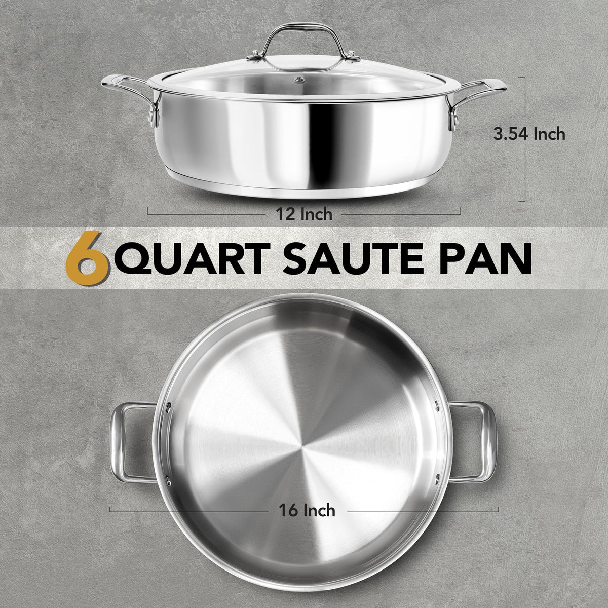 Michelangelo 12 Inch Stainless Steel Pan with Lid - Large Saute Pan with Lid, Deep Frying Pan Dishwasher & Oven-Safe, All Cooktops Compatible, 6 Quart