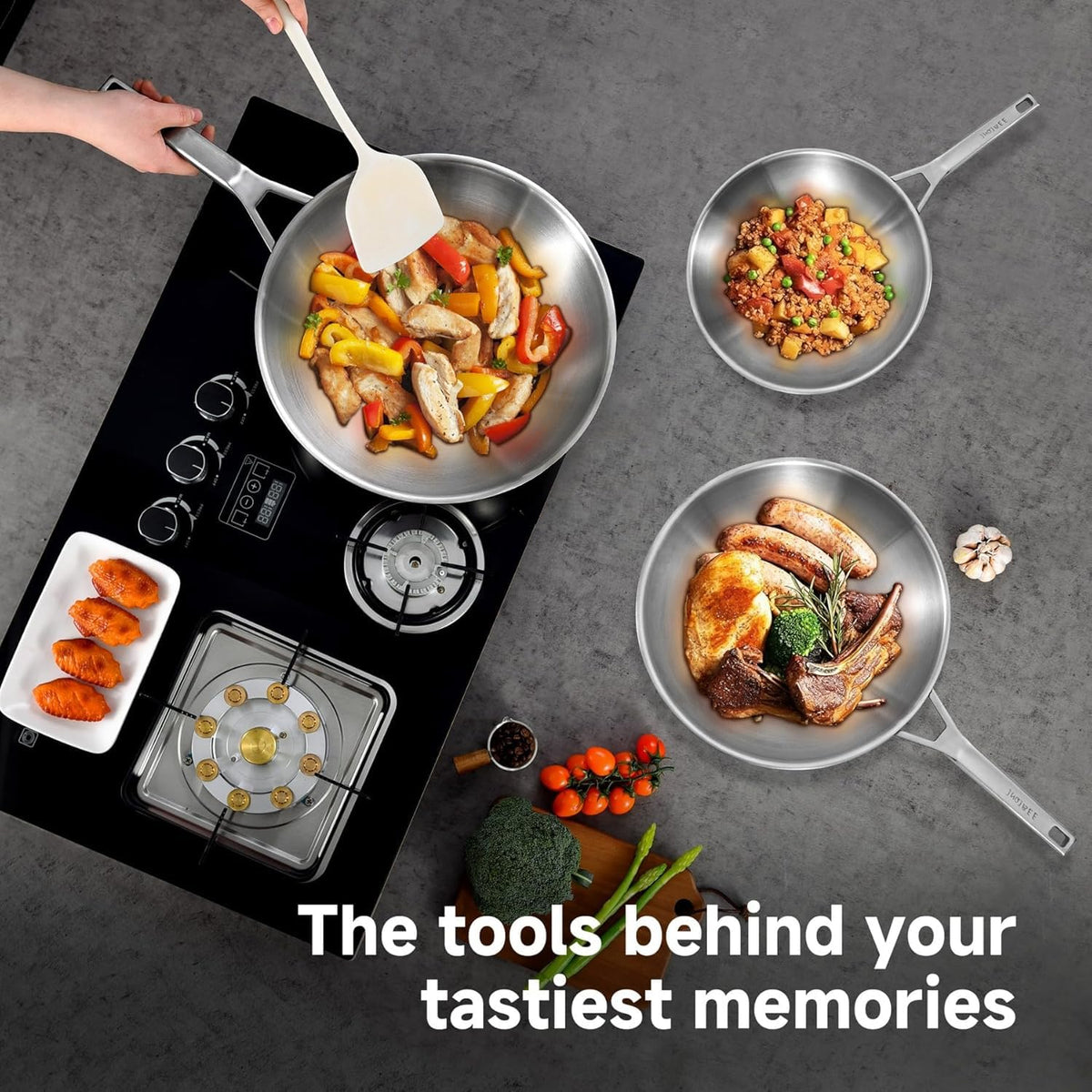 Inqibee 12-Inch Tri-ply Stainless Steel Wok Pan with Lid, Flat Bottom Stir-Fry Pan, Heavy Duty, Induction Compatible, Oven & Dishwasher Safe, Riveted Handle