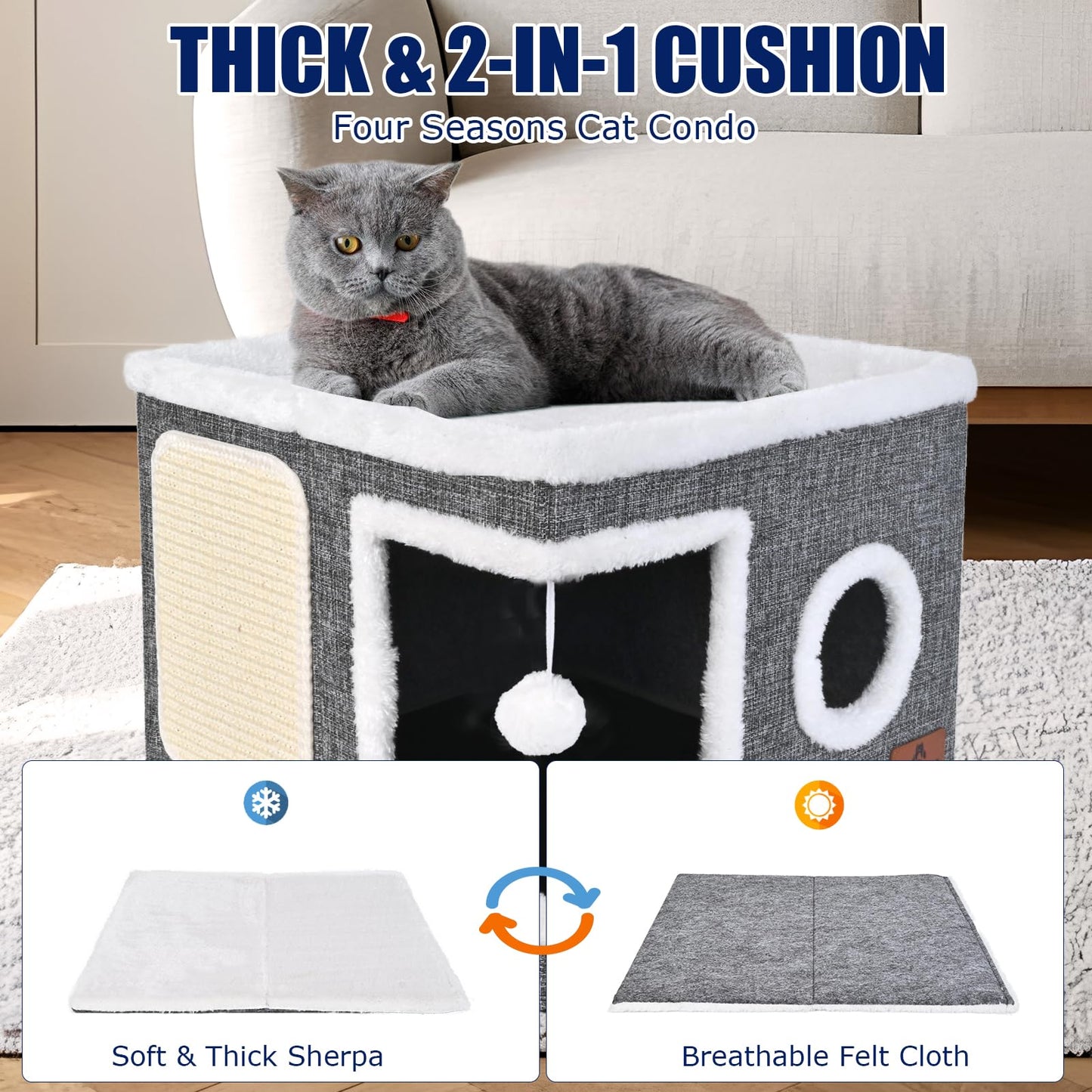 Cat House for Indoor Cats, Foldable Cat Bed with Scratch Pad and Fluffy Ball, Large Cat Cave 2 in1 Cat Hideaway with Reversible Cushion for Multi Small Pet, Grey