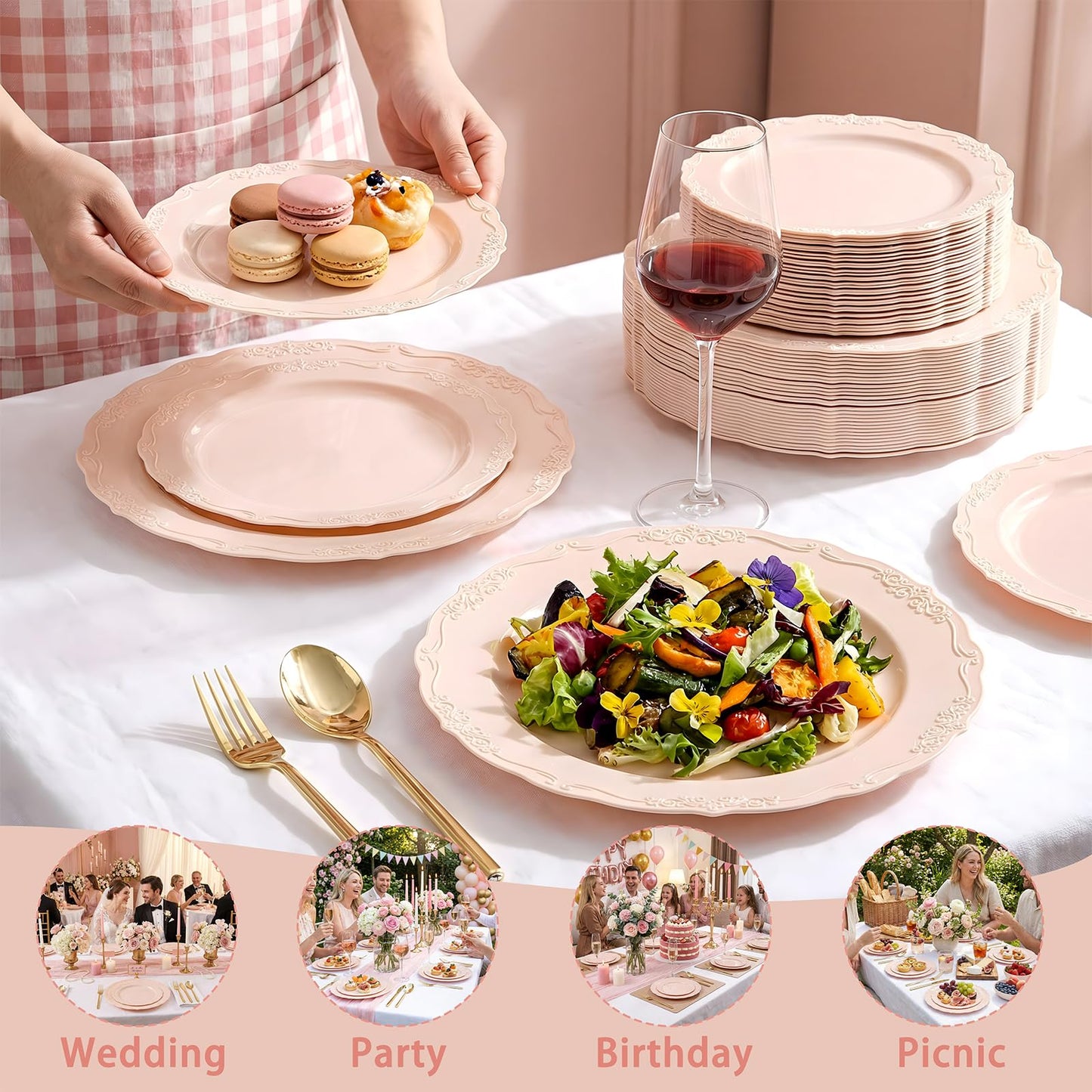 Tinybee 60PCS Pink Plastic Plates - Heavy Duty Pink Disposable Plates, Elegant Plastic Plates for Bridal Shower, Wedding and Party Including 30 Dinner Plates 10 '' & 30 Dessert Plates 7.5 ''