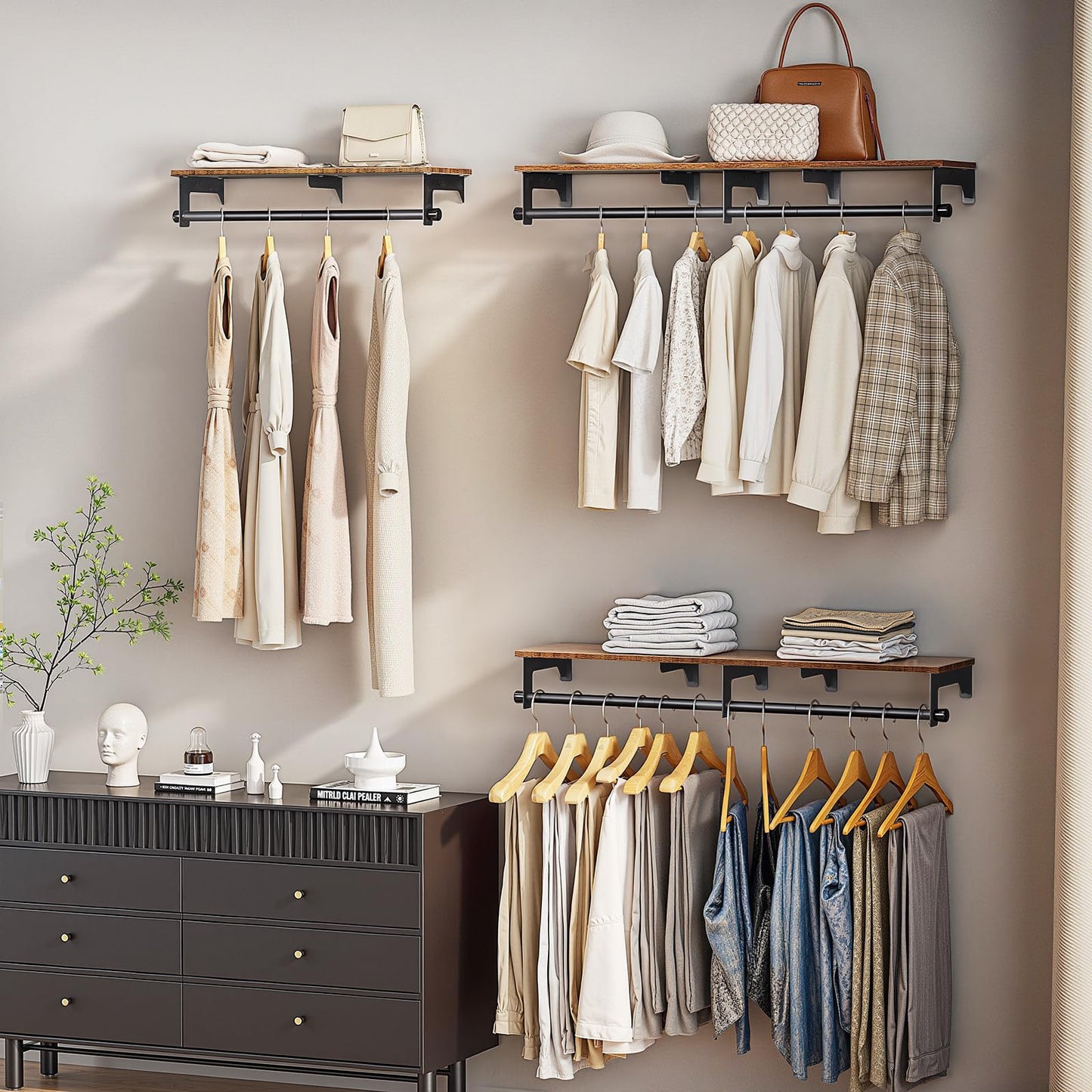 Luxspire Clothes Rack Wall Mounted, 43.3inch Clothing Racks with Top Shelf for Hanging Clothes, Heavy Duty Industrial Pipe Garment Rack, Laundry Room Shelves Closet Storage, Large, Black + Brown