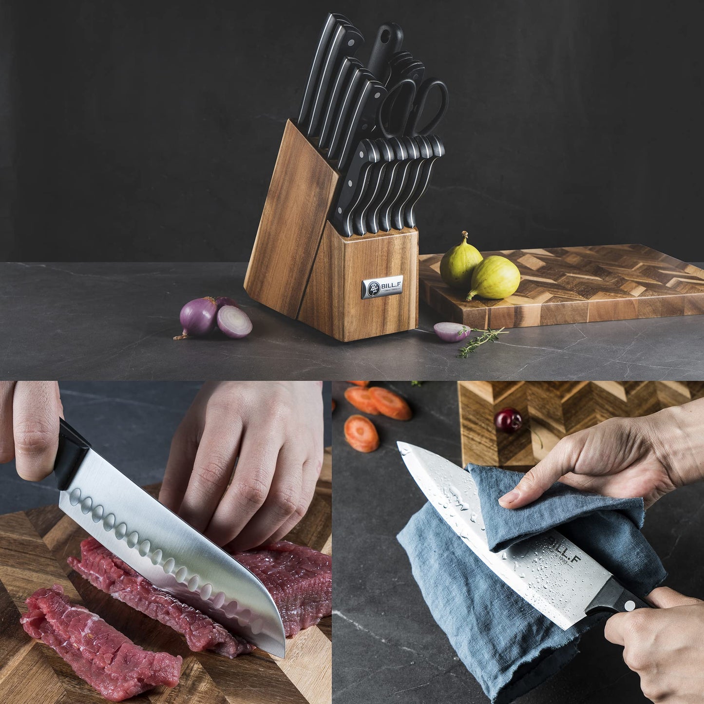 Knife Block with Kitchen Knives Set and Wood Cutting Board with Groove, Stainless Steel Knife for Kitchen Chef Knife Set and Steak Knives Set of 6 with Wood Block (16 Pieces)
