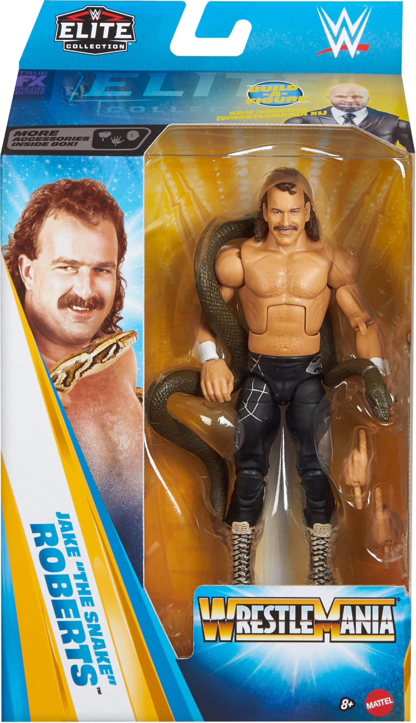 Mattel WWE Elite Collection Action Figure & Accessories, Premium Live Event Jake “The Snake” Roberts Set, Wrestlemania with Sam Roberts Build-A-Figure Parts