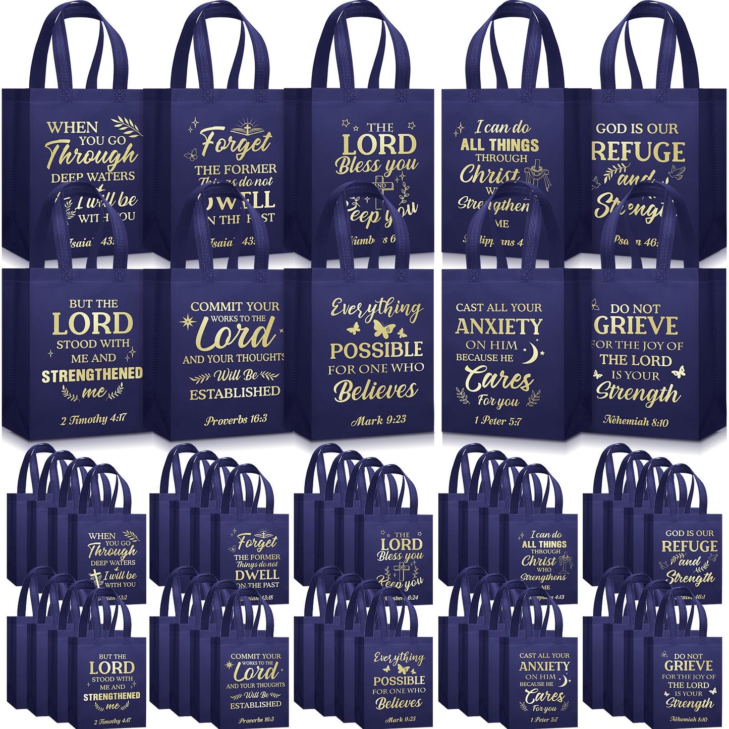 Talltalk 50 Pcs Christian Gift Bag Bulk Reusable Bible Verse Tote Religious Welcome Visitors Church Bags with Scriptures Clergy Pastor Gift for Sunday School Party Favors Christmas(Dark Blue,Medium)