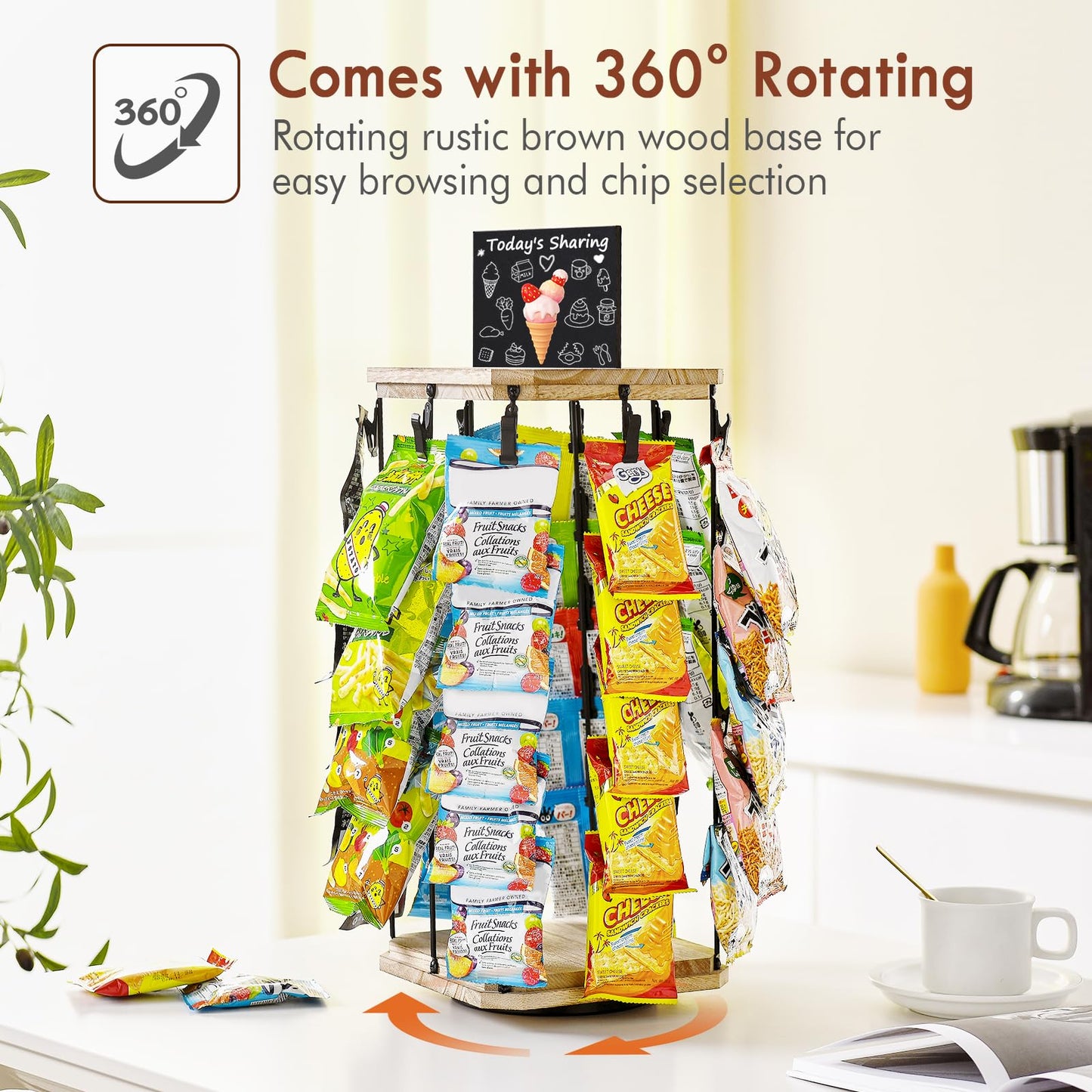 Pinzoveco Chip Rack Display Stand, 5 Tiers 40 Clips Snack Organizer for Office Desk, 360° Wooden Base Chip Holder Candy Display for Concession Stand, Countertop, Party, With Message Board
