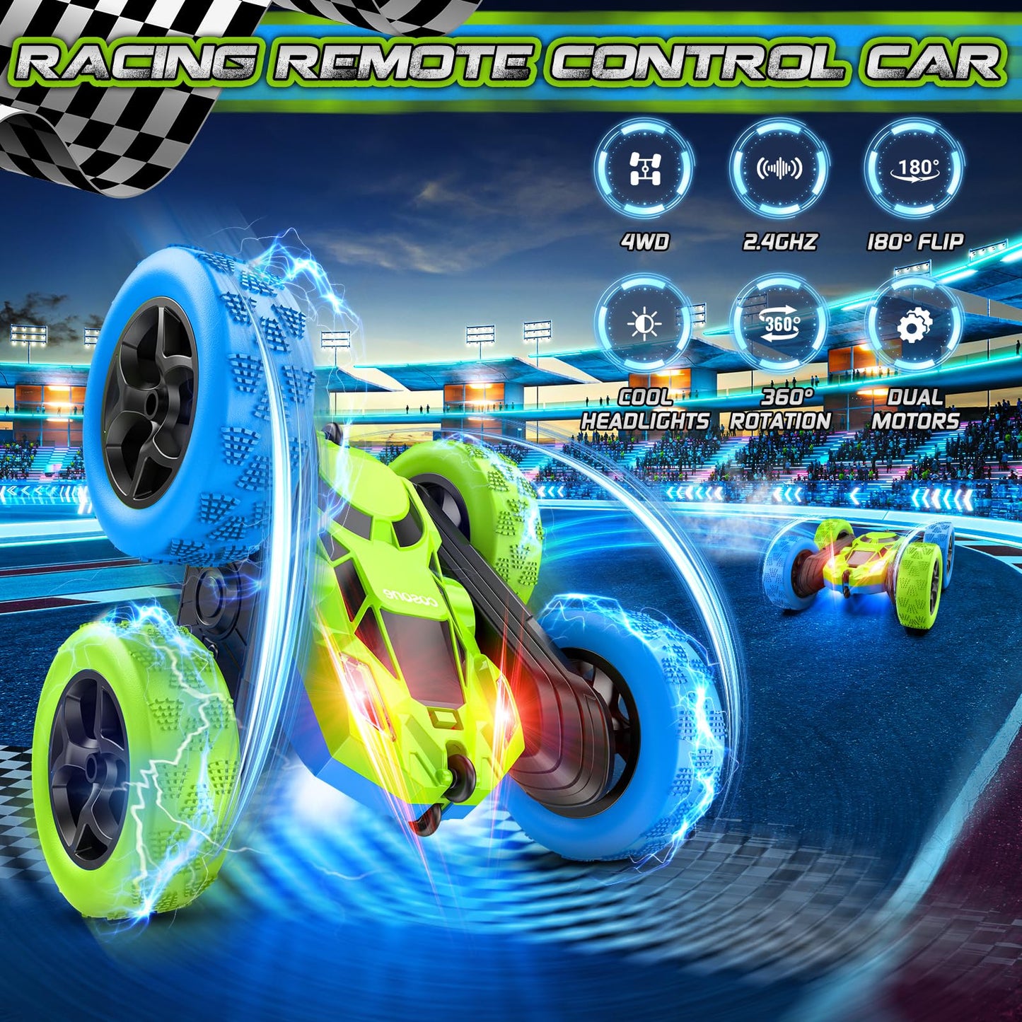Remote Control Cars for Kids, Stunt RC Cars with 4WD Double-Sided Driving 360° Flips Rotating, Remote Car Toys for Boys Valentines Day Gifts Birthday Gifts - Blue&Green
