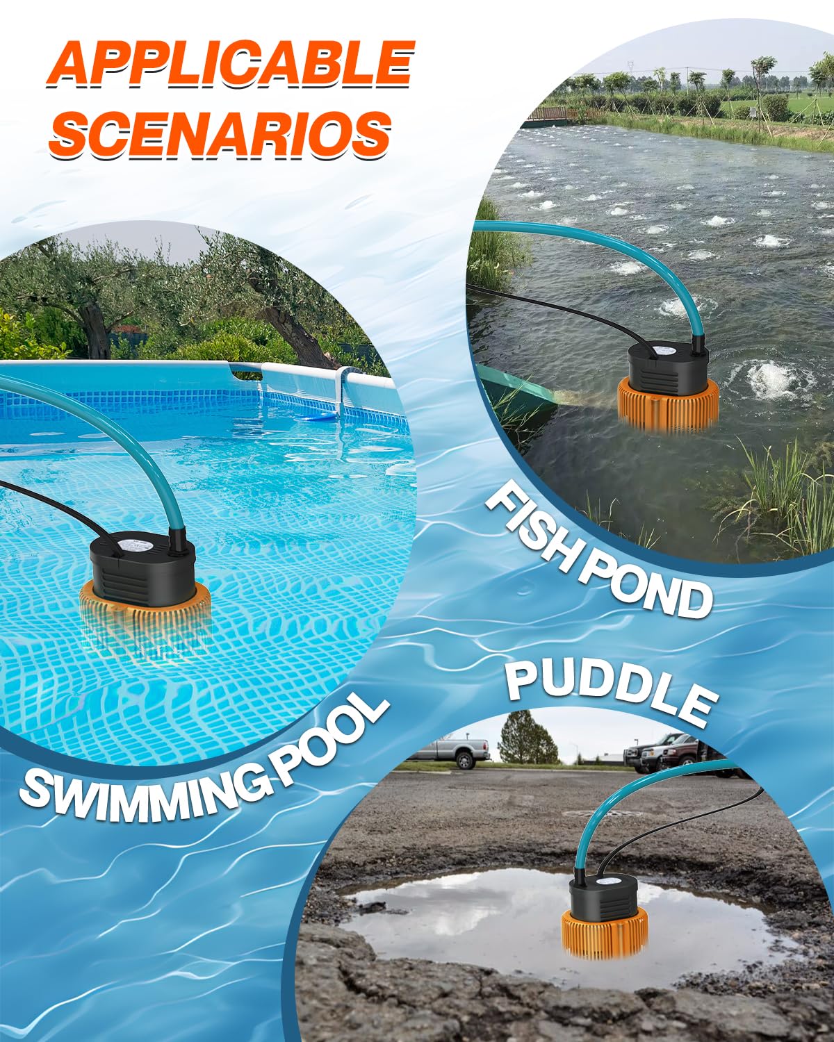 AgiiMan Pool Cover Pump Above Ground - Submersible Swimming Sump Inground Pump, Water Removal with 16' Drainage Hose and 25 Feet Power Cord, 850 GPH, 3 Adapters (Orange)