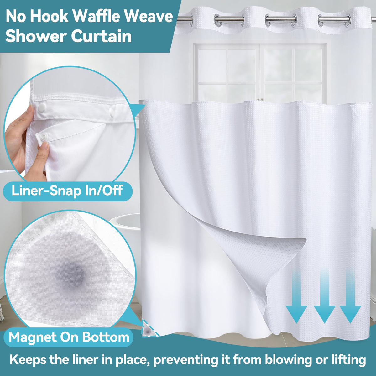 Extra Wide Fabric Waffle Weave Hotel Shower Curtain with Snap in Liner 108" x 74" for Bathroom Waterproof Machine Washable Shower Curtain (Waffle-White,108"(W) x 74"(H))