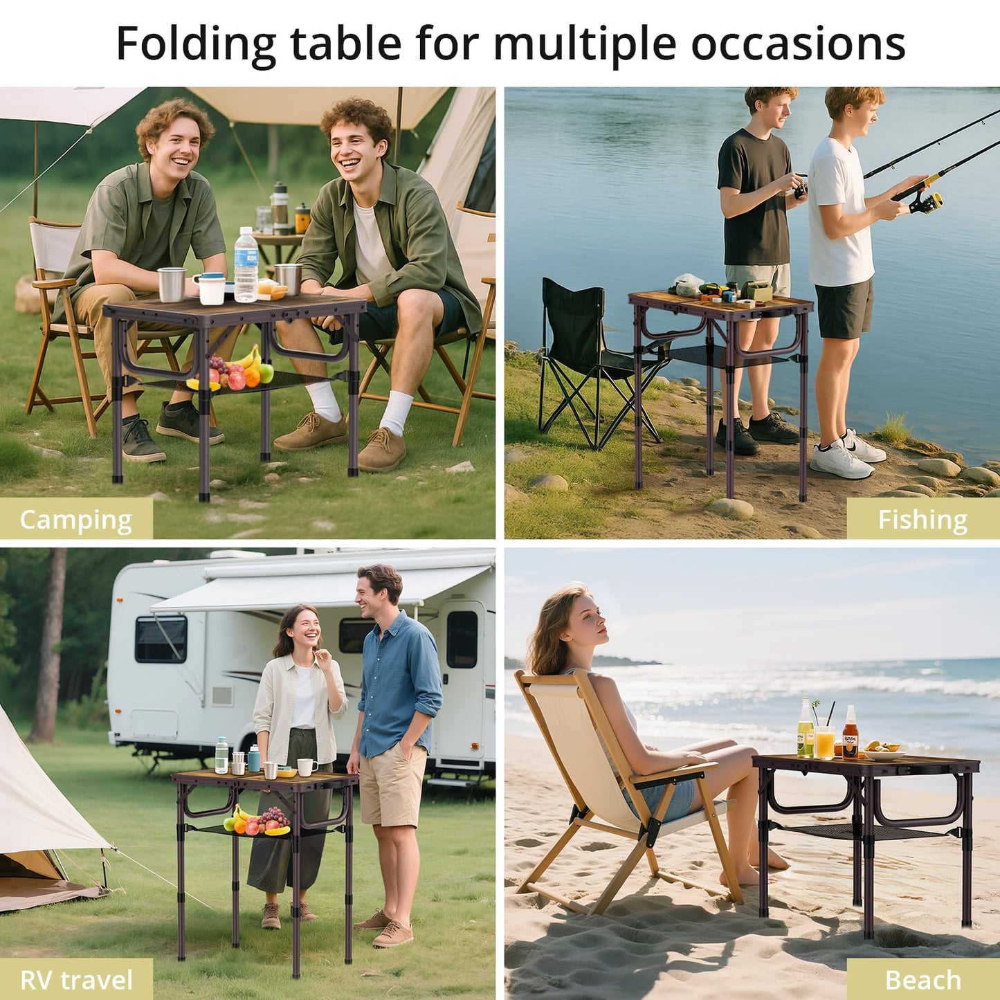 Anbte 2ft Camping Table Foldable with Storage Net, 3 Adjustable Heights 27.5" Aluminum Small Portable Table with Carrying Handle, for Outdoor Indoor Picnic Beach Party Travel, 24" X 16", Brown