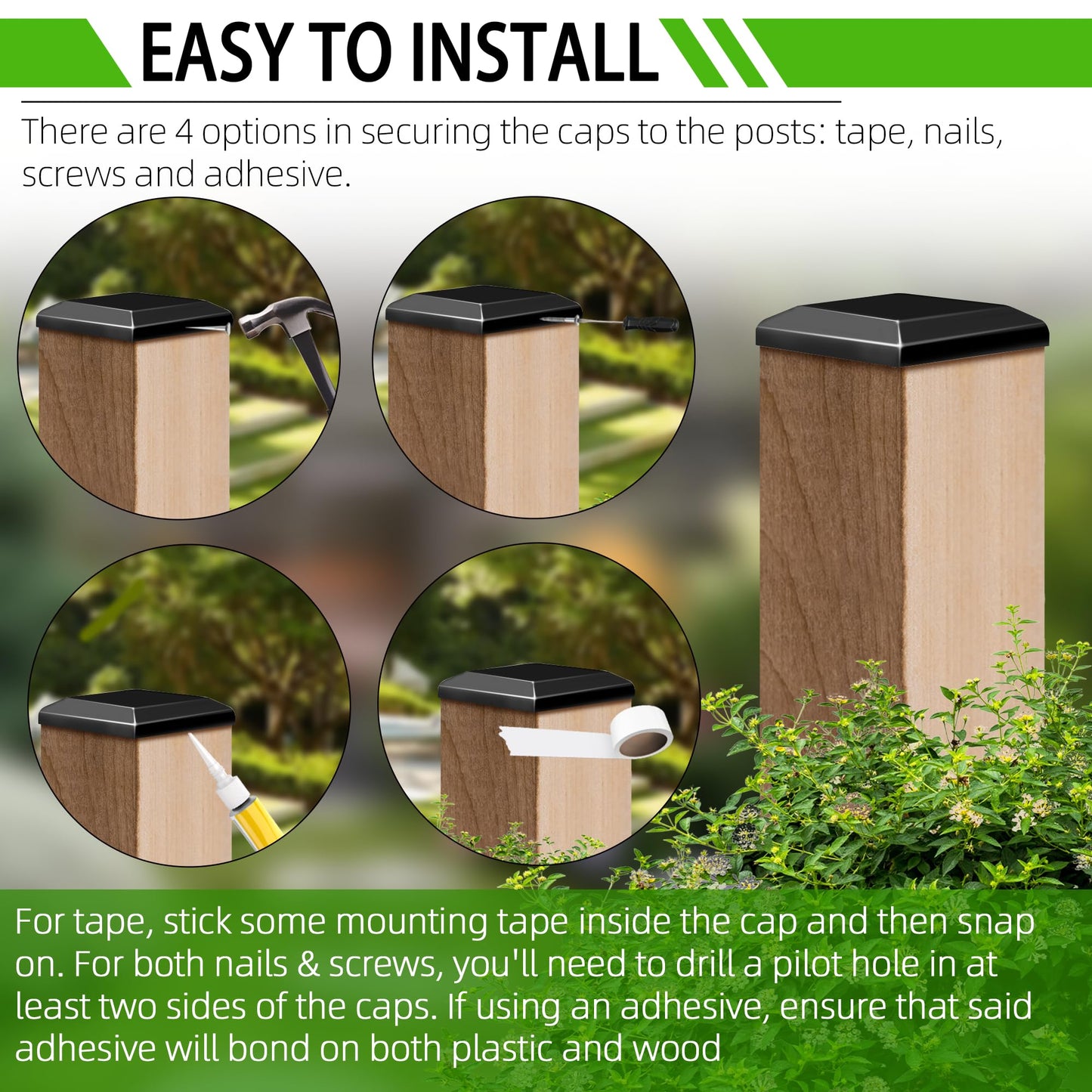 TonGass (24-Pack, Black) True I.D. 6"x6" Wood Fence Post Caps - Wooden Fence Cover Deck Post Cap, Durable Plastic Water-Proof and UV-Proof, Protect Wooden Poles from Cracking and Rotting