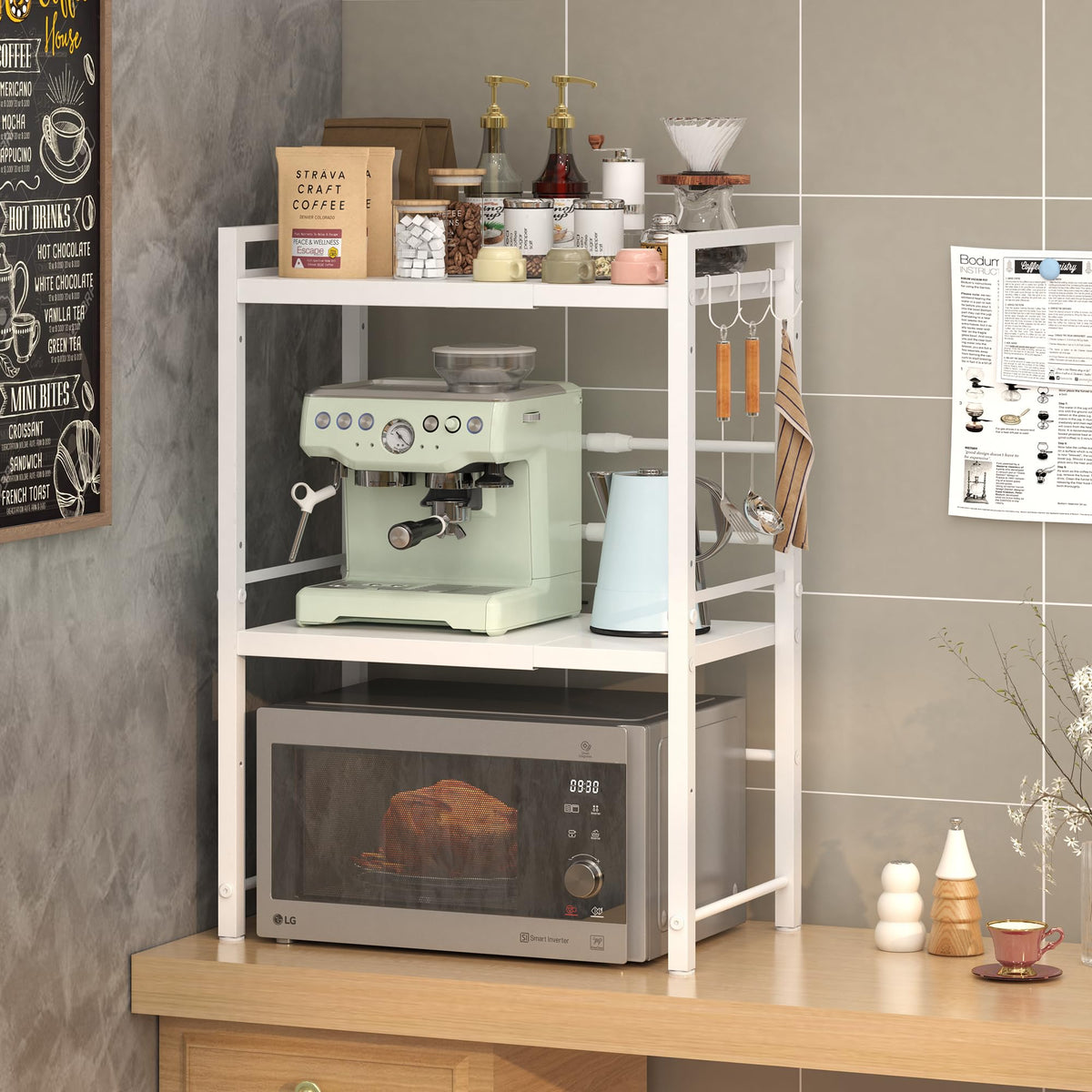 DOLALIKE Microwave Oven Rack, Expandable Microwave Stand Countertop Kitchen Utensils Tableware Storage, Carbon Steel Over Microwave Shelf Countertop 3 Tier with 3 Hooks