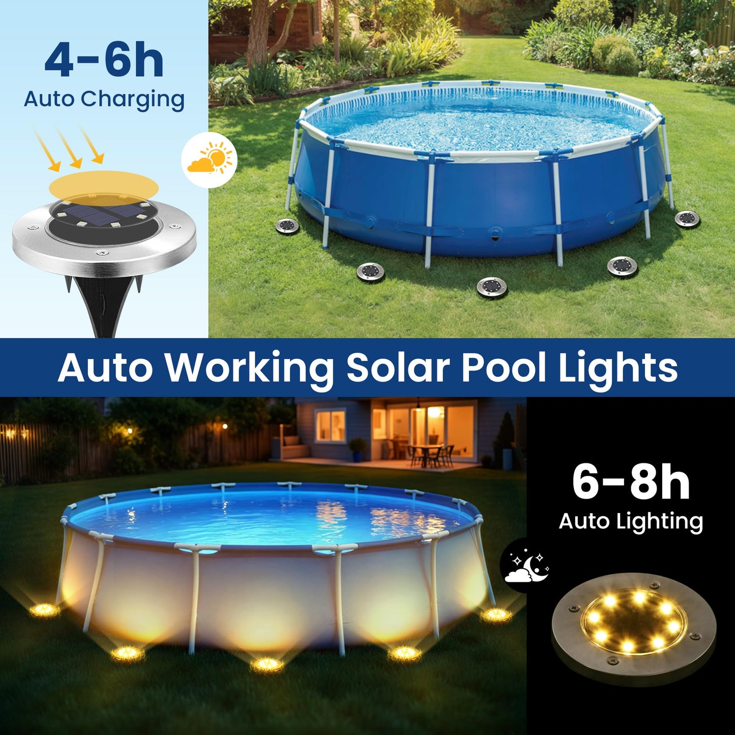SOLPEX 6 Pack Solar Pool Lights for Above Ground Pools, Waterproof LED Above Ground Pool Lights, Outdoor Pool Decoration Accessories(Warm White)